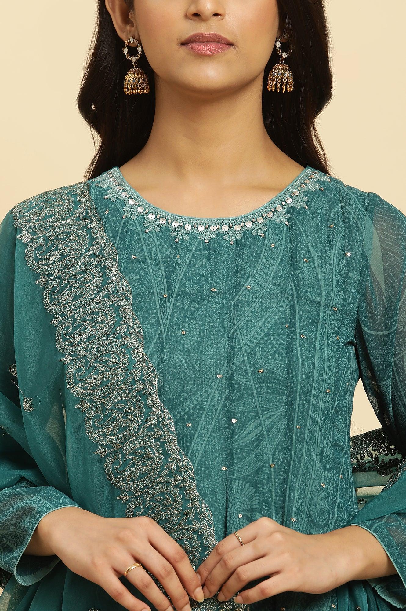 Green Print-On-Printed Embellished Flared Kurta, Sharara And Dupatta Set - Image 6