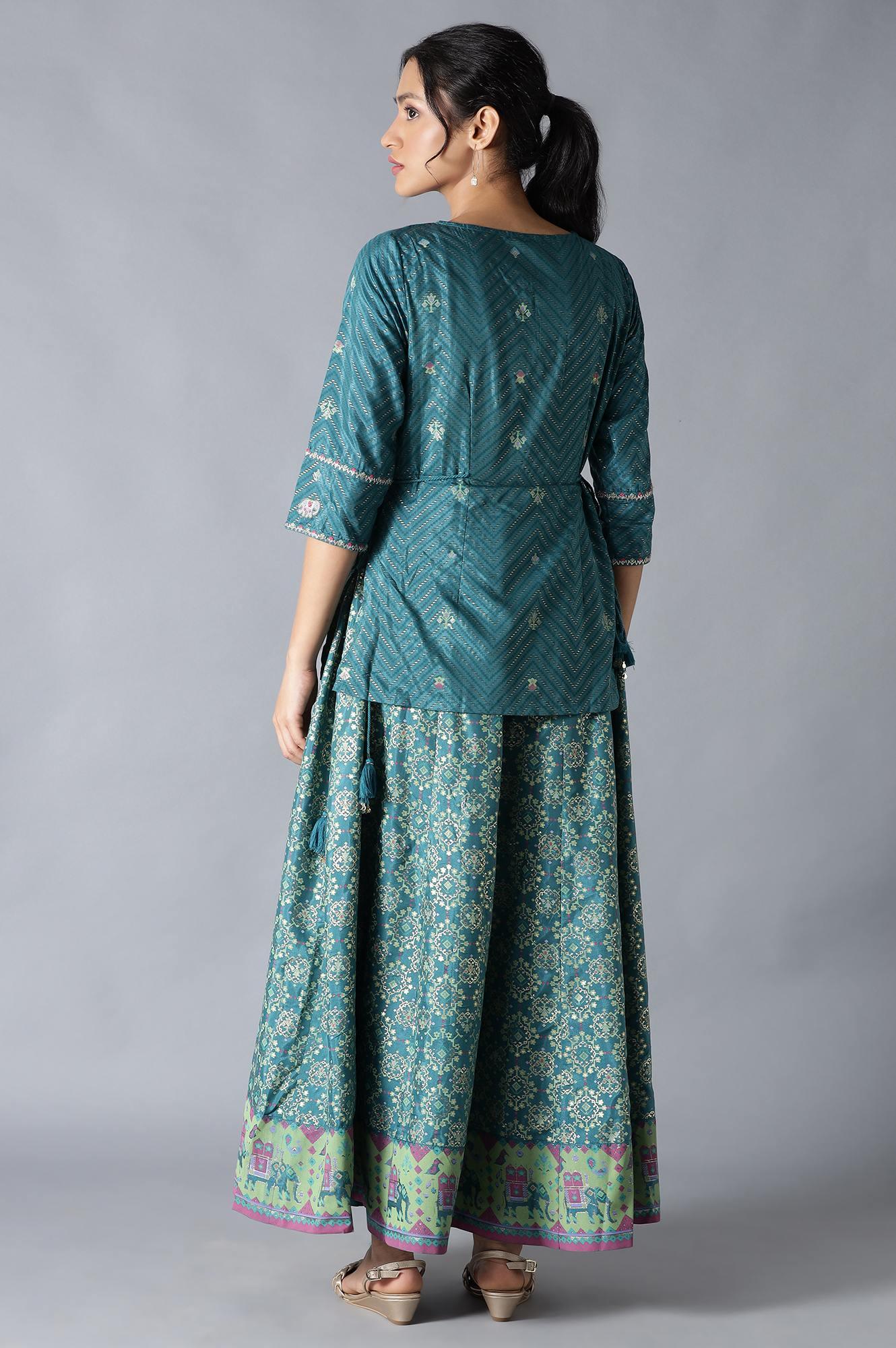 Green Printed Attached 'Top And Skirt' Dress - Image 2