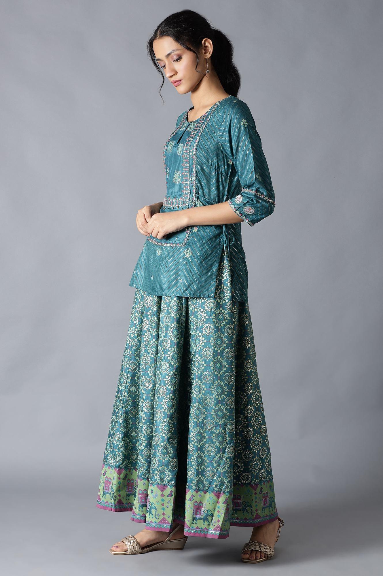 Green Printed Attached 'Top And Skirt' Dress - Image 3