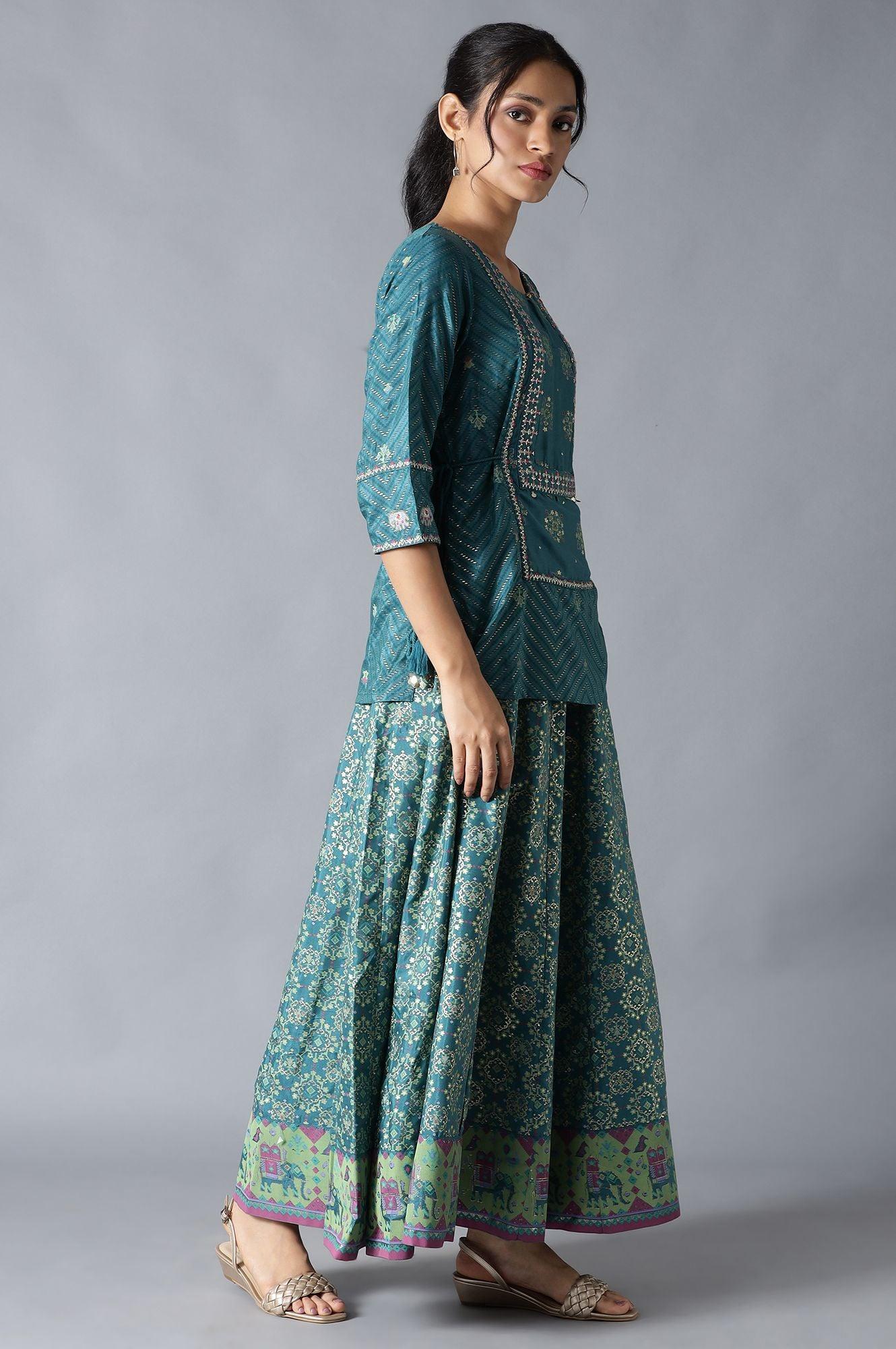Green Printed Attached 'Top And Skirt' Dress - Image 4