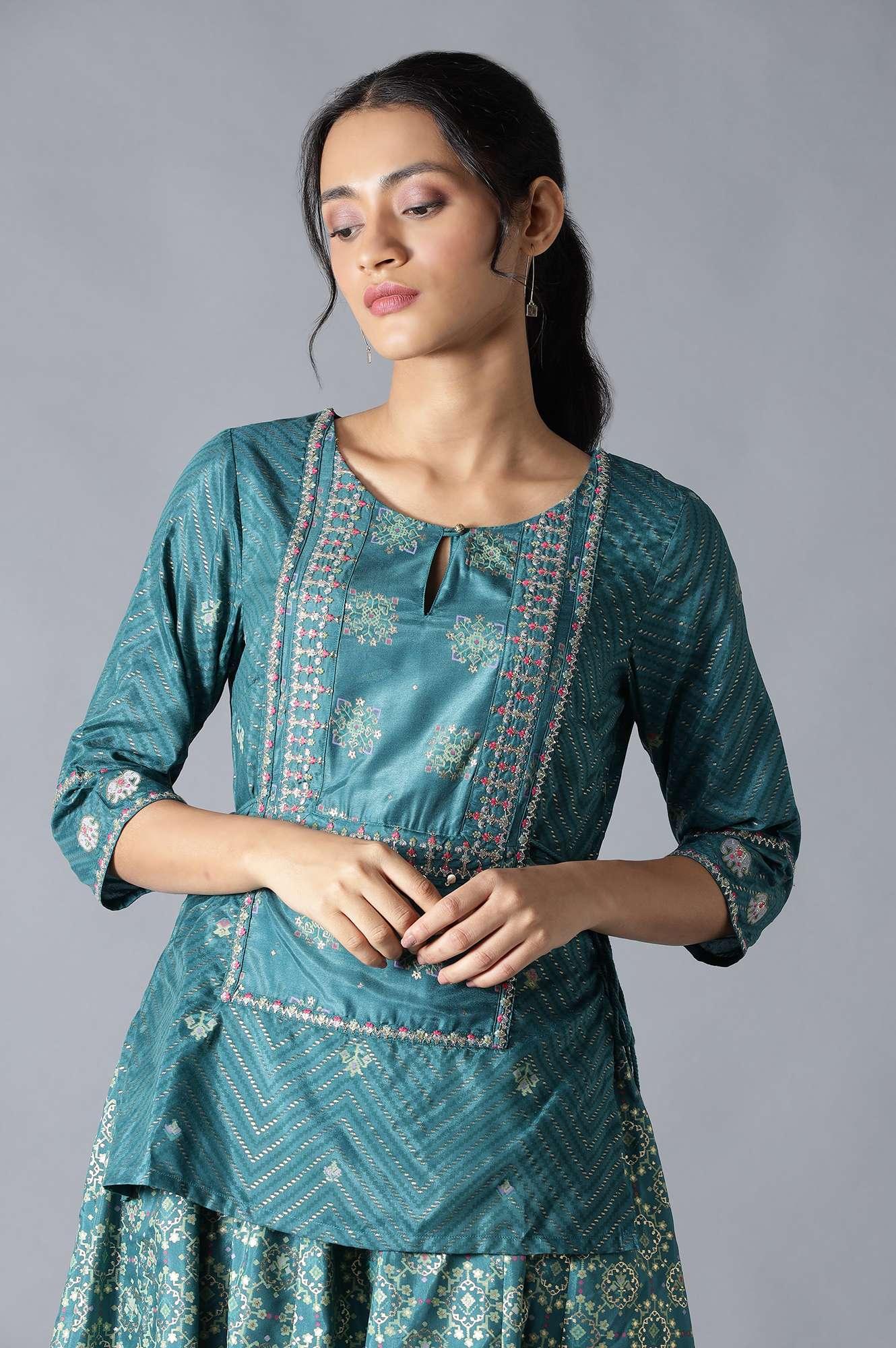 Green Printed Attached 'Top And Skirt' Dress - Image 5