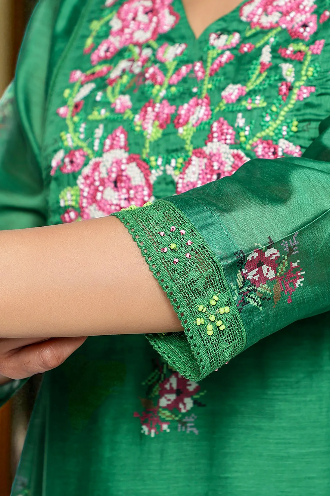 Green Printed Chanderi Flared Kurta, Straight Pant and Dupatta Set - Image 7