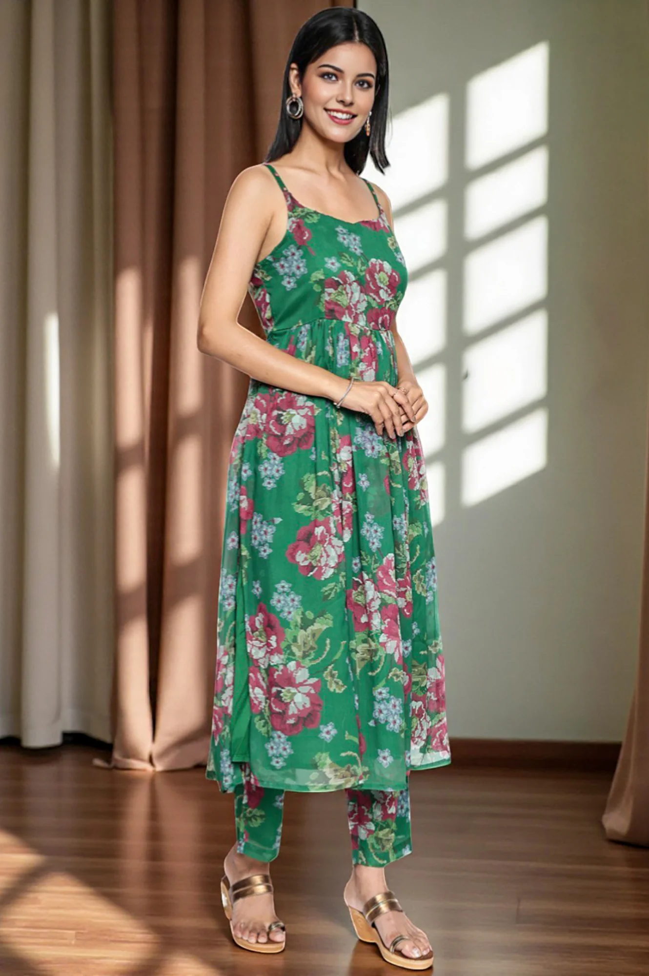 Green Printed Chiffon Flared Kurta, Straight Pant and Dupatta Set - Image 5