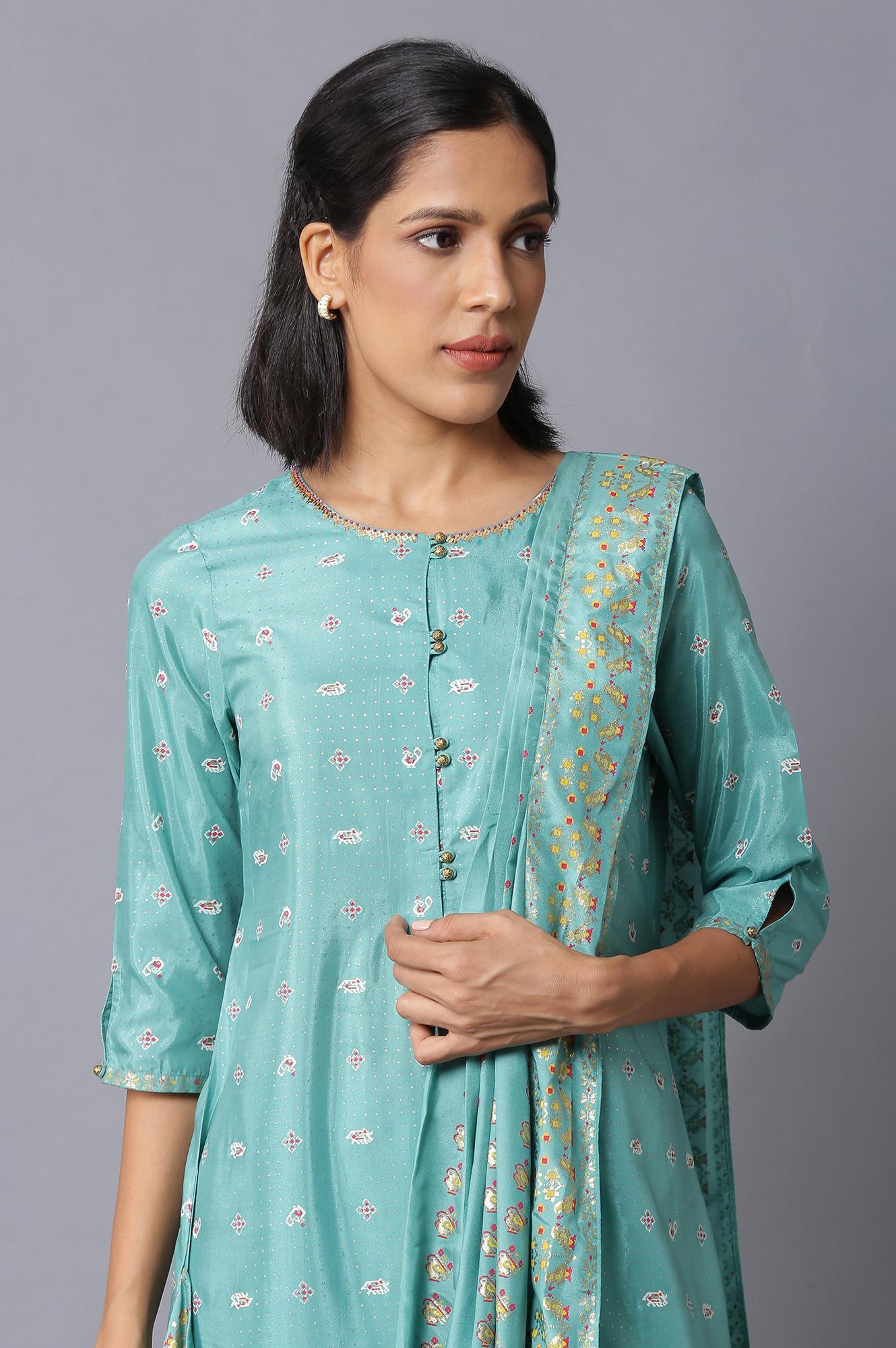 Green Printed Draped A-Line kurta With Tights - Image 5