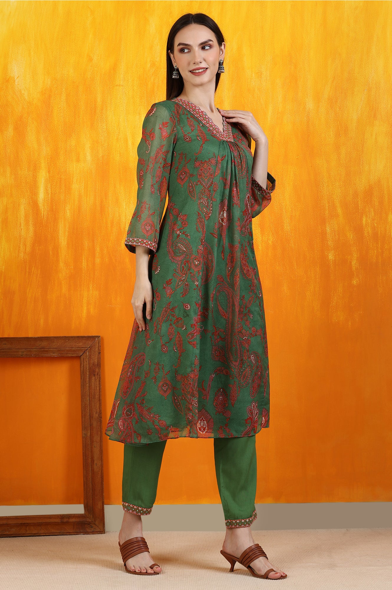 Green Printed Emroidered Chiffon Flared Kurta and Pants Set with Dupatta - Image 6