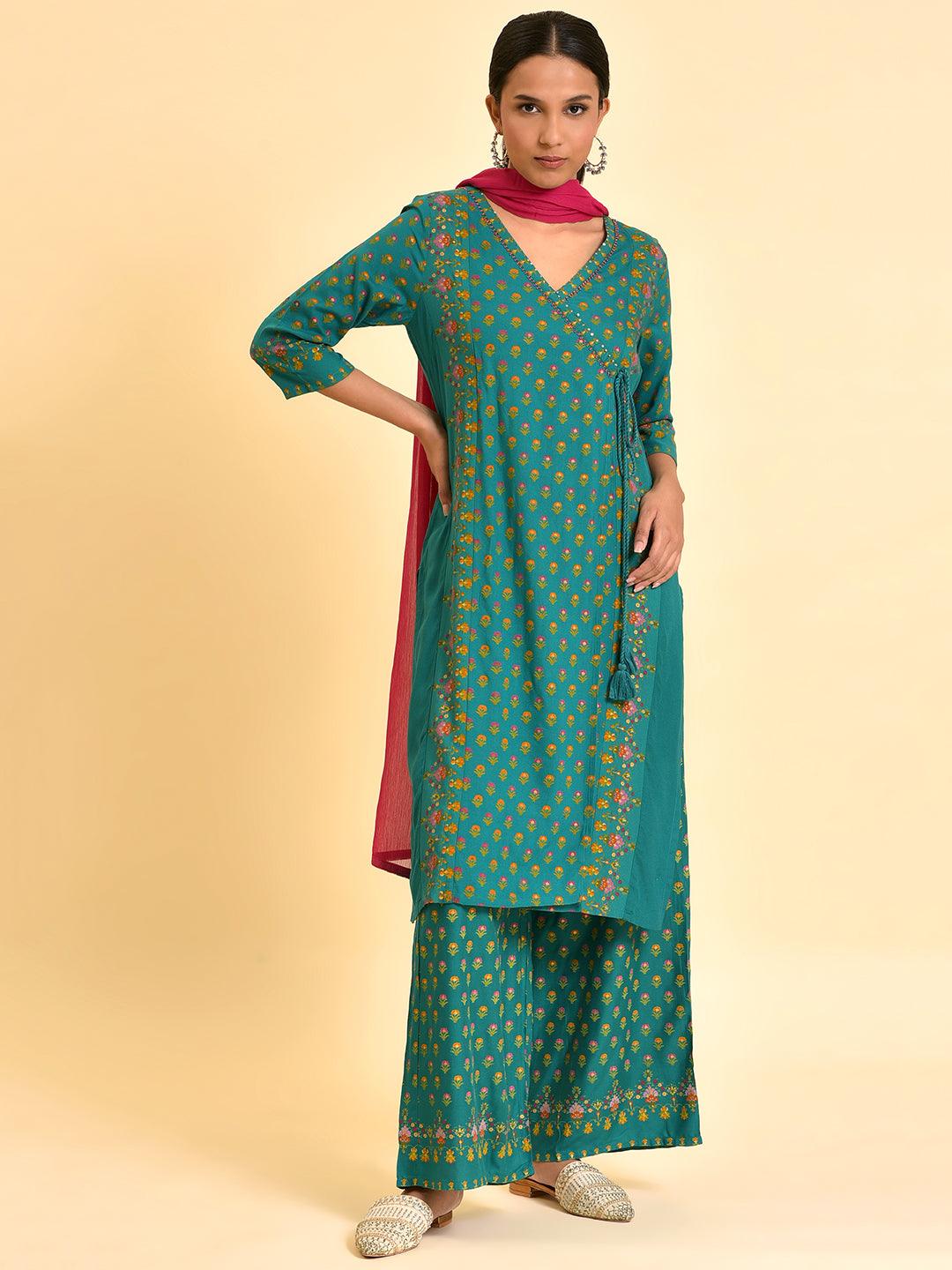 Green Printed Festive Kurta, Parallel Pants And Dupatta Set - Image 2