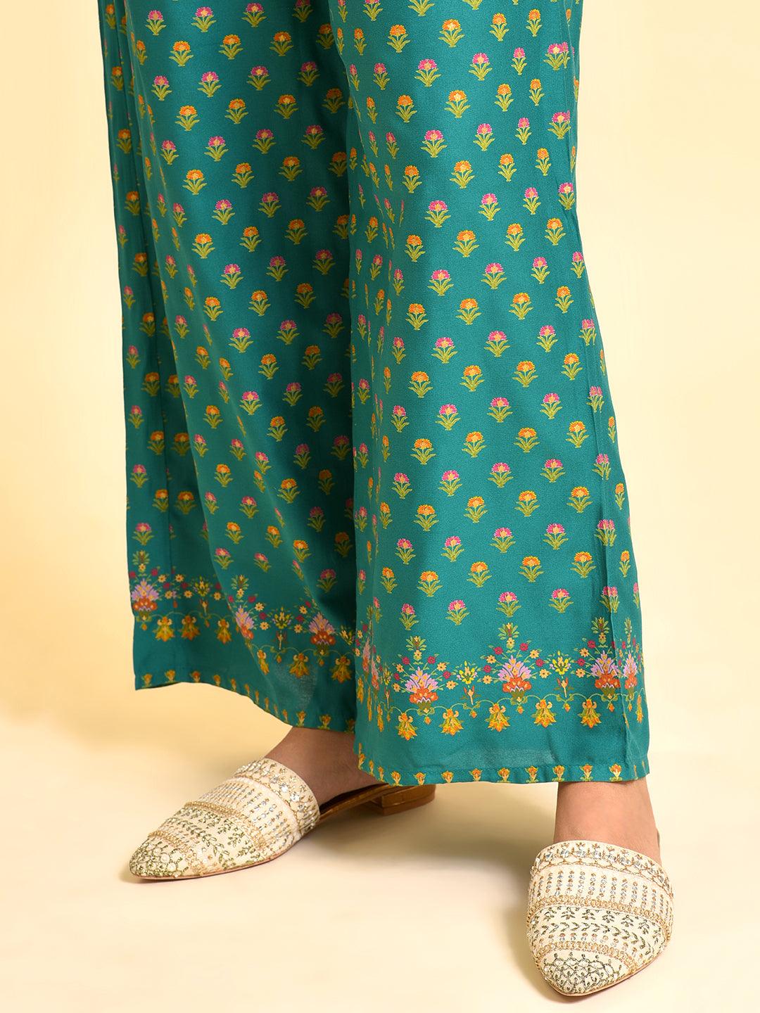 Green Printed Festive Kurta, Parallel Pants And Dupatta Set - Image 9