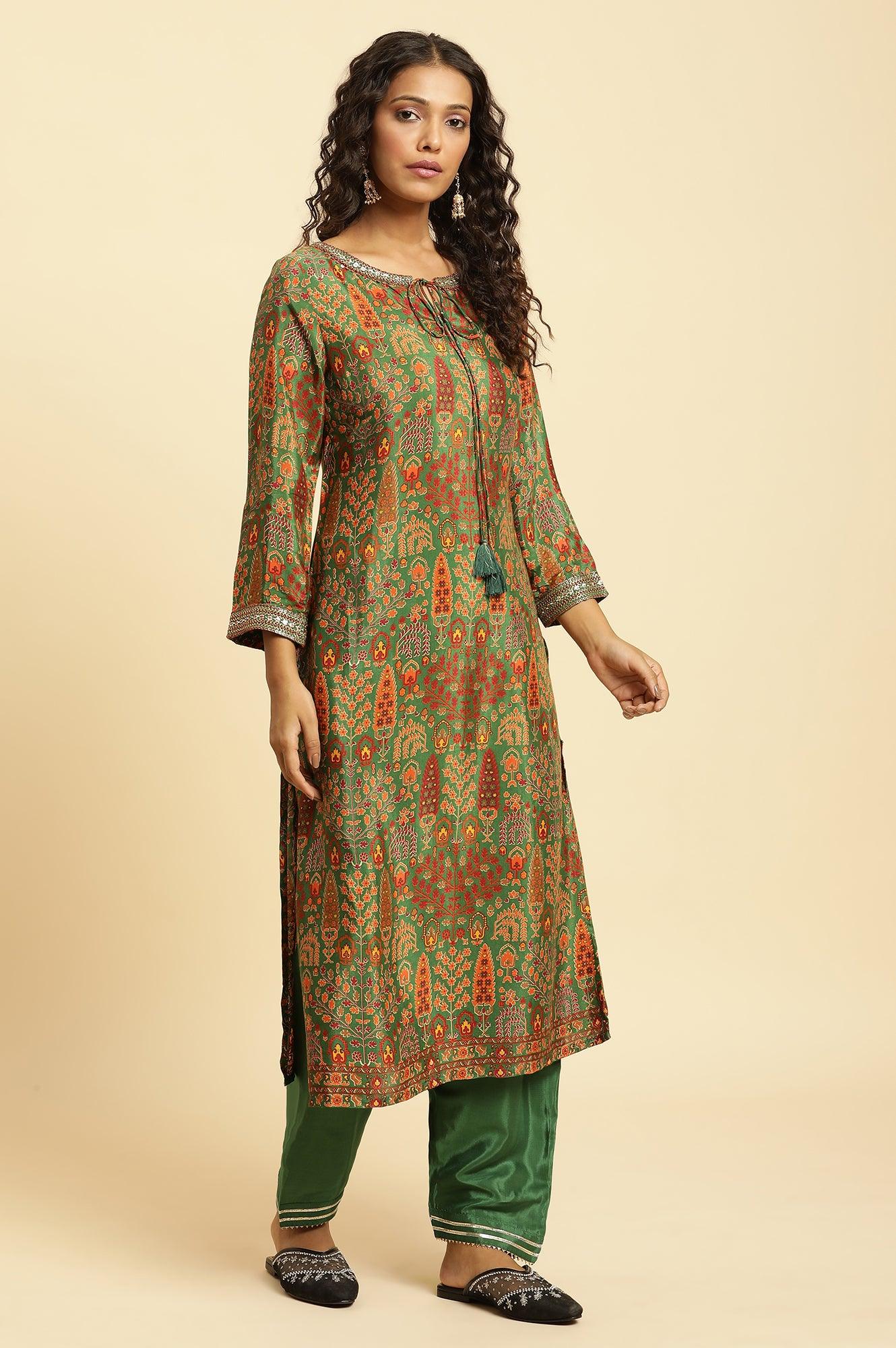 Green Printed Festive Kurta With Embroidery - Image 5