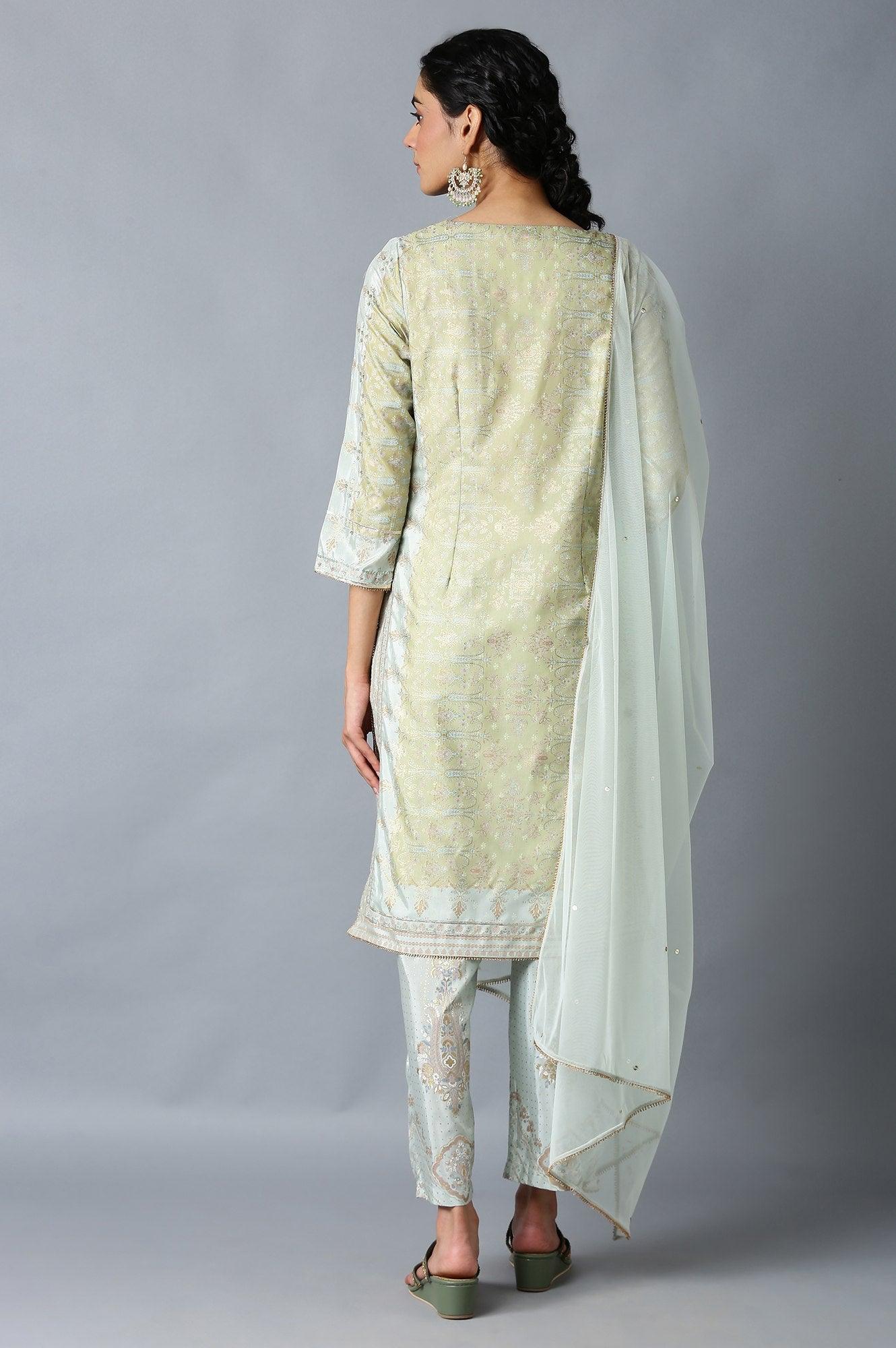 Green Printed Festive kurta With Parallel Pants And Net Dupatta - Image 2