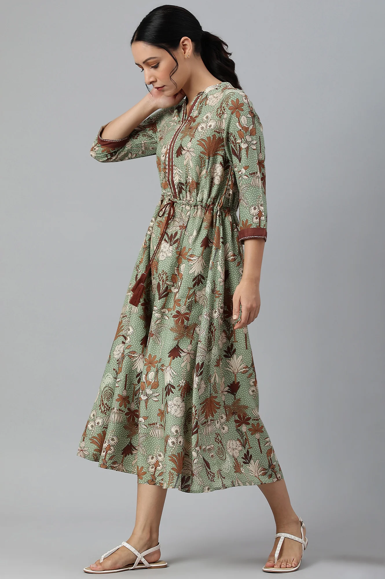 Green Printed Gathered Western Dress - Image 3