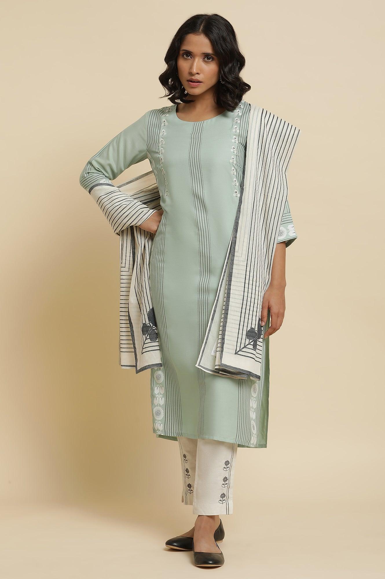 Green Printed Kurta, Pants & Dupatta - Image 2