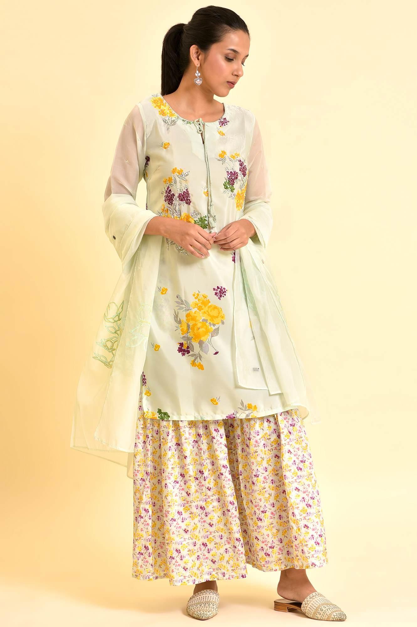 Green Printed kurta With Sharara And Dupatta - Image 5