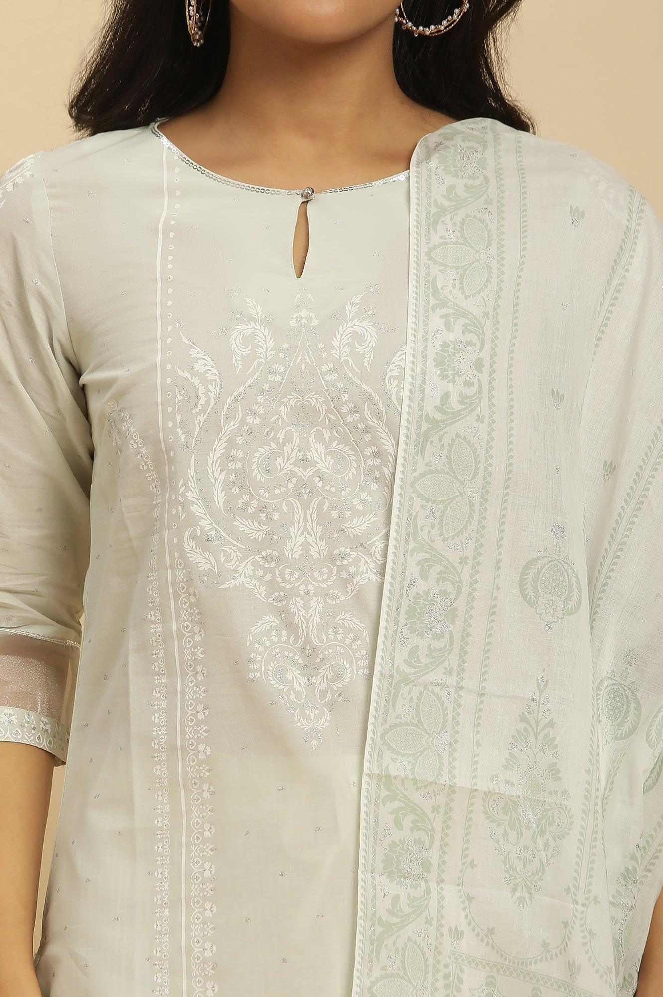 Green Printed Straight Kurta, Parallel Pants And Dupatta Set - Image 6