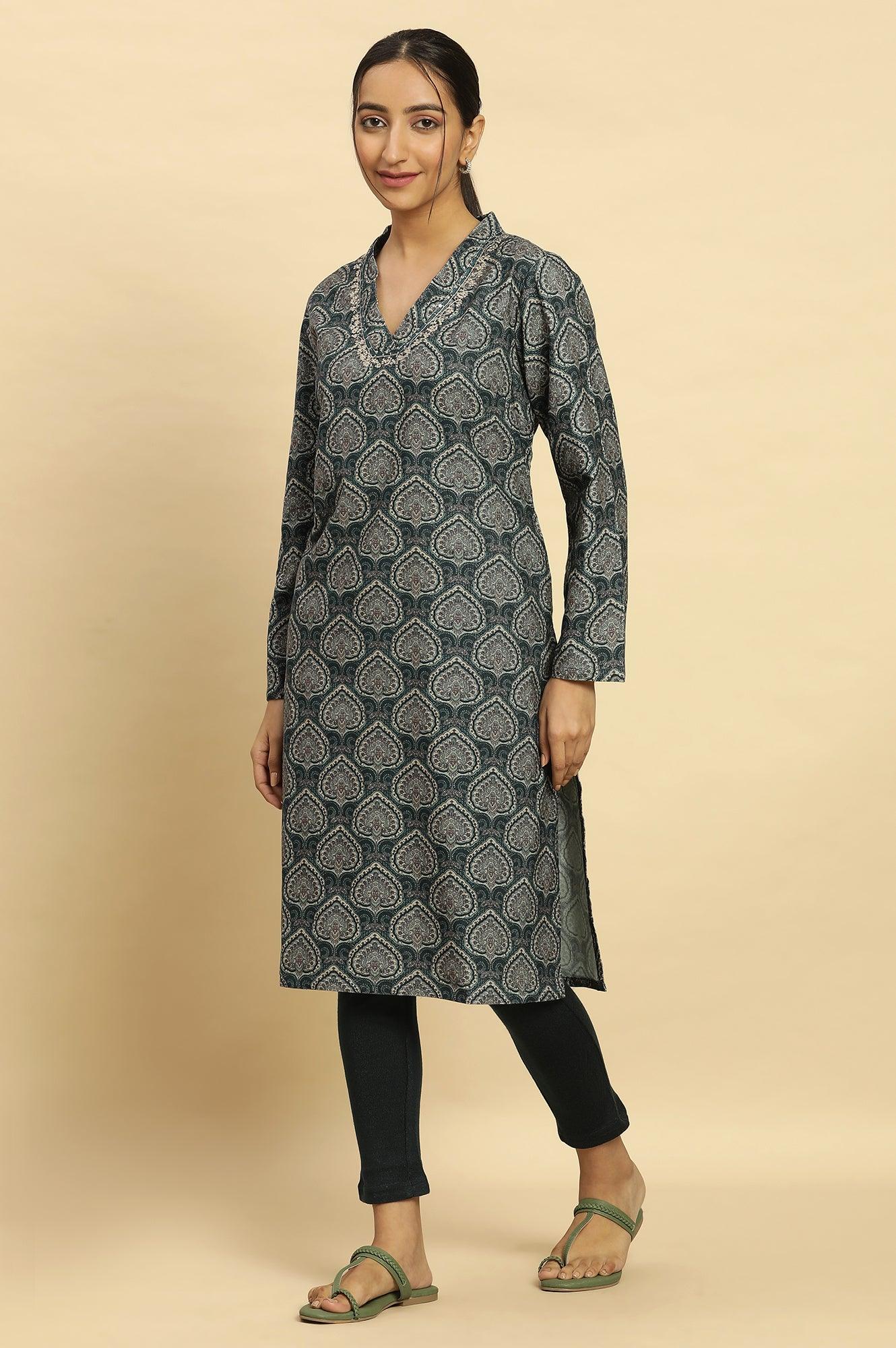 Green Printed Winter Kurta And Tights Set - Image 3