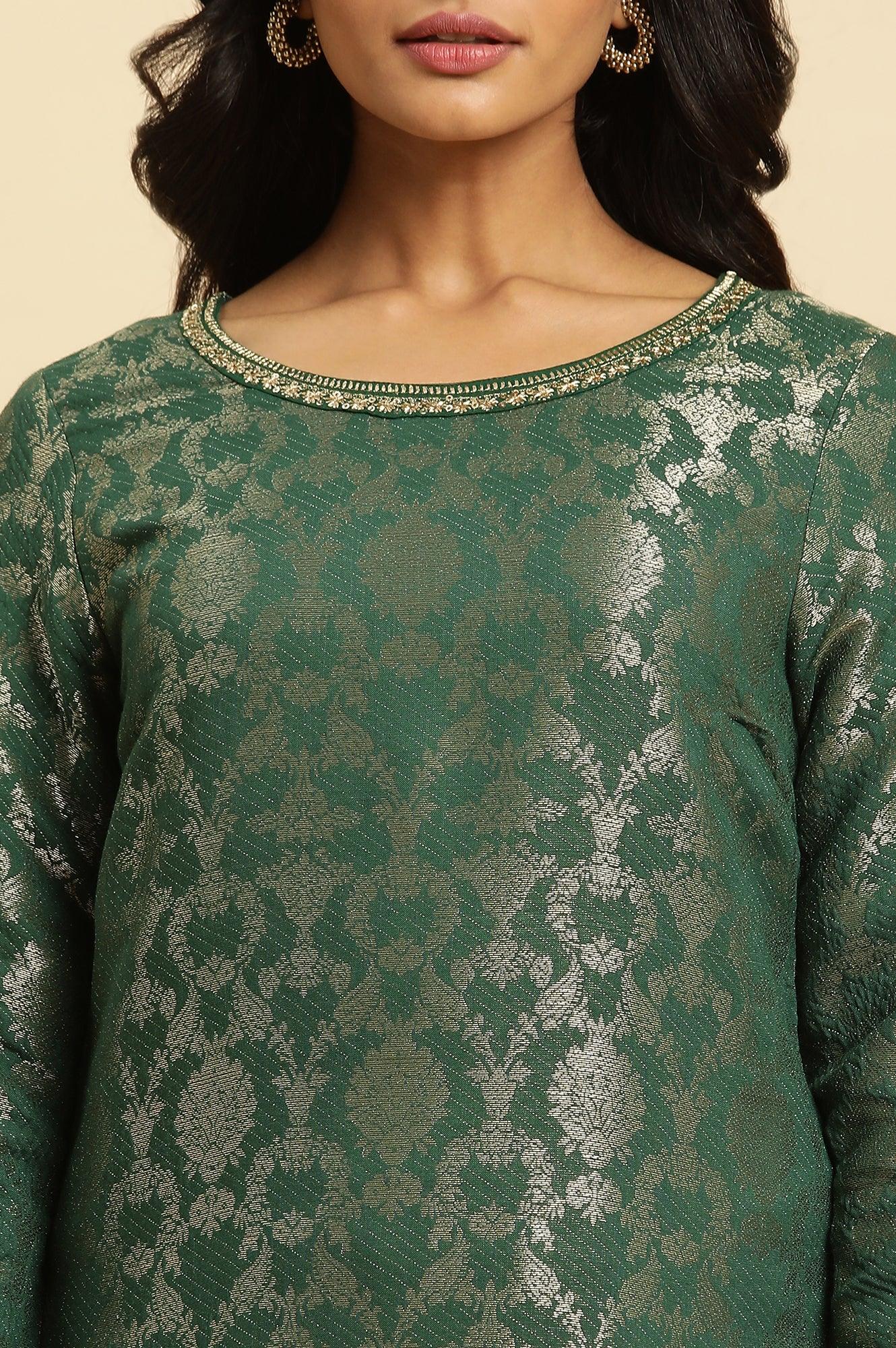 Green Rayon Jacquard Festive Kurta - Image 6