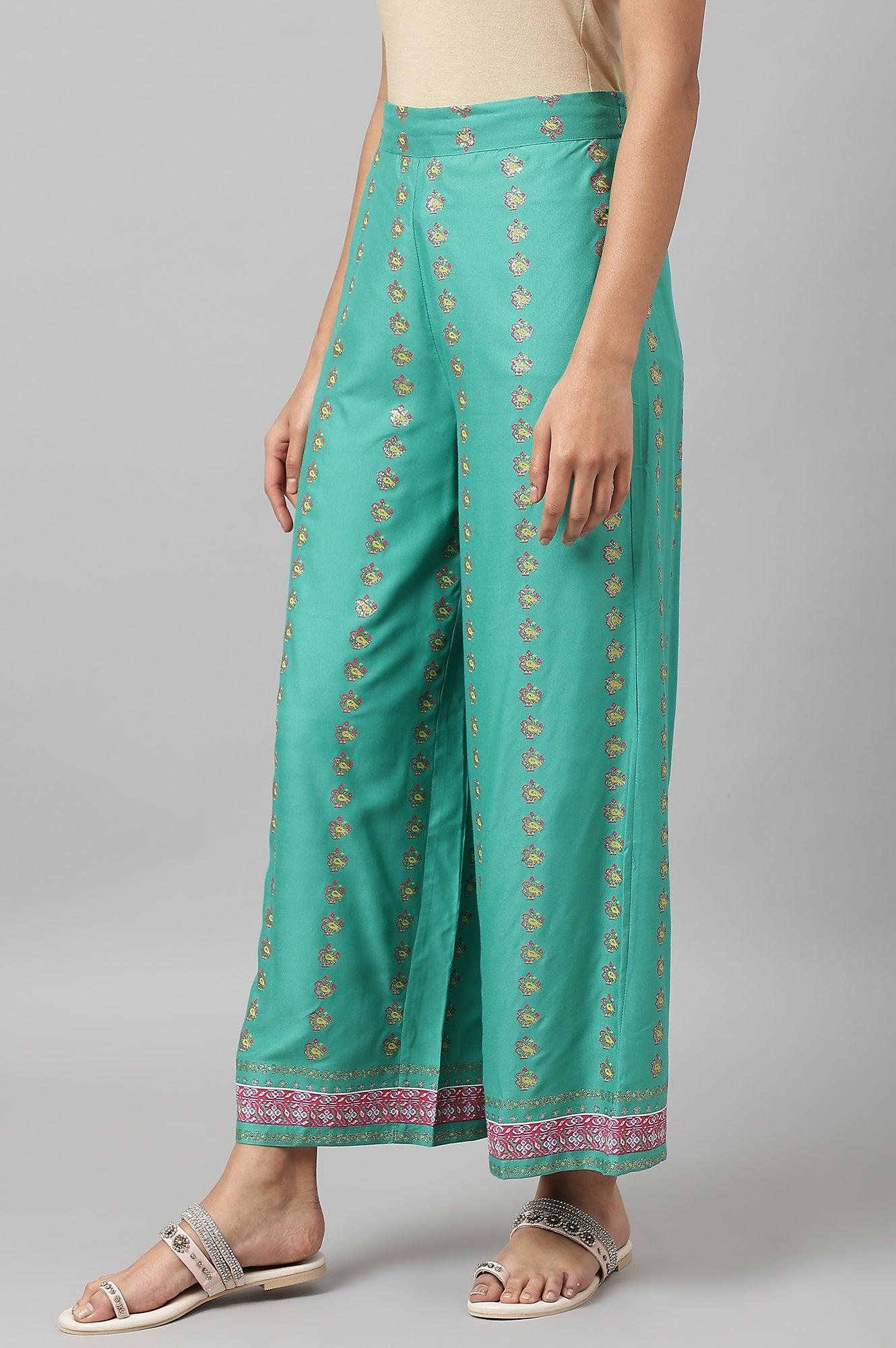 Green Rayon Printed Parallel Pants - Image 2