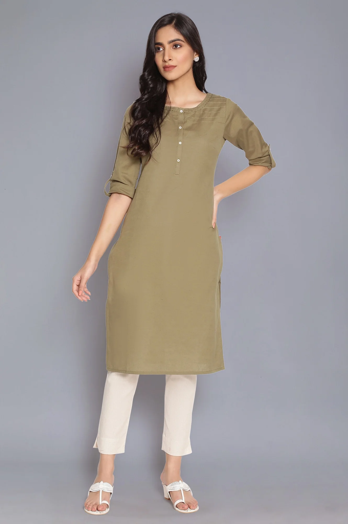 Green Round Neck Solid kurta