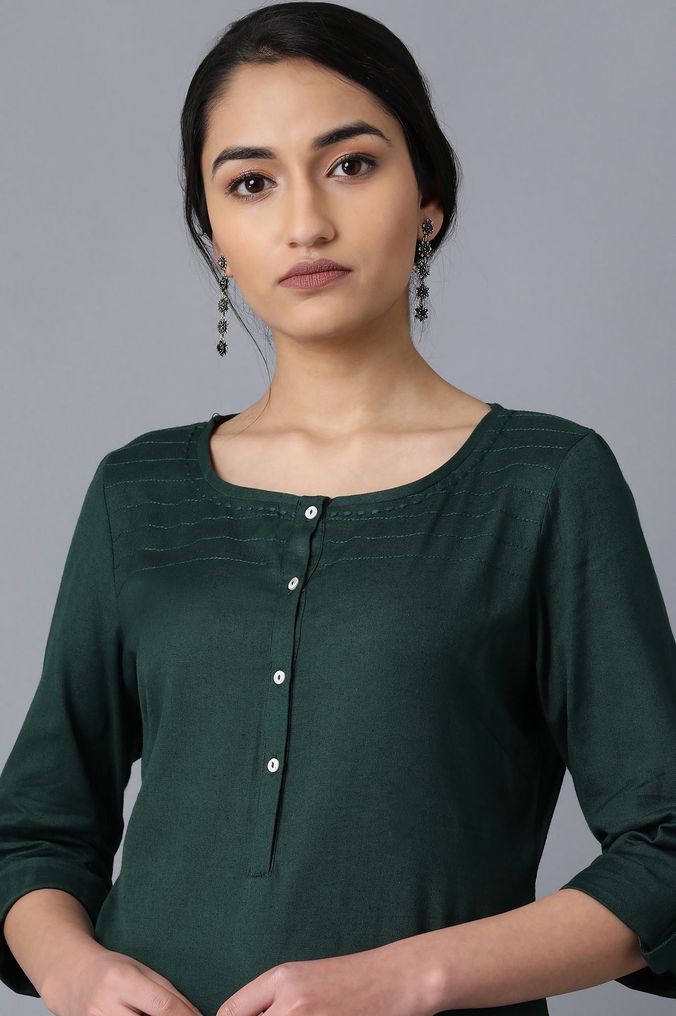 Green Round Neck Solid kurta - Image 5