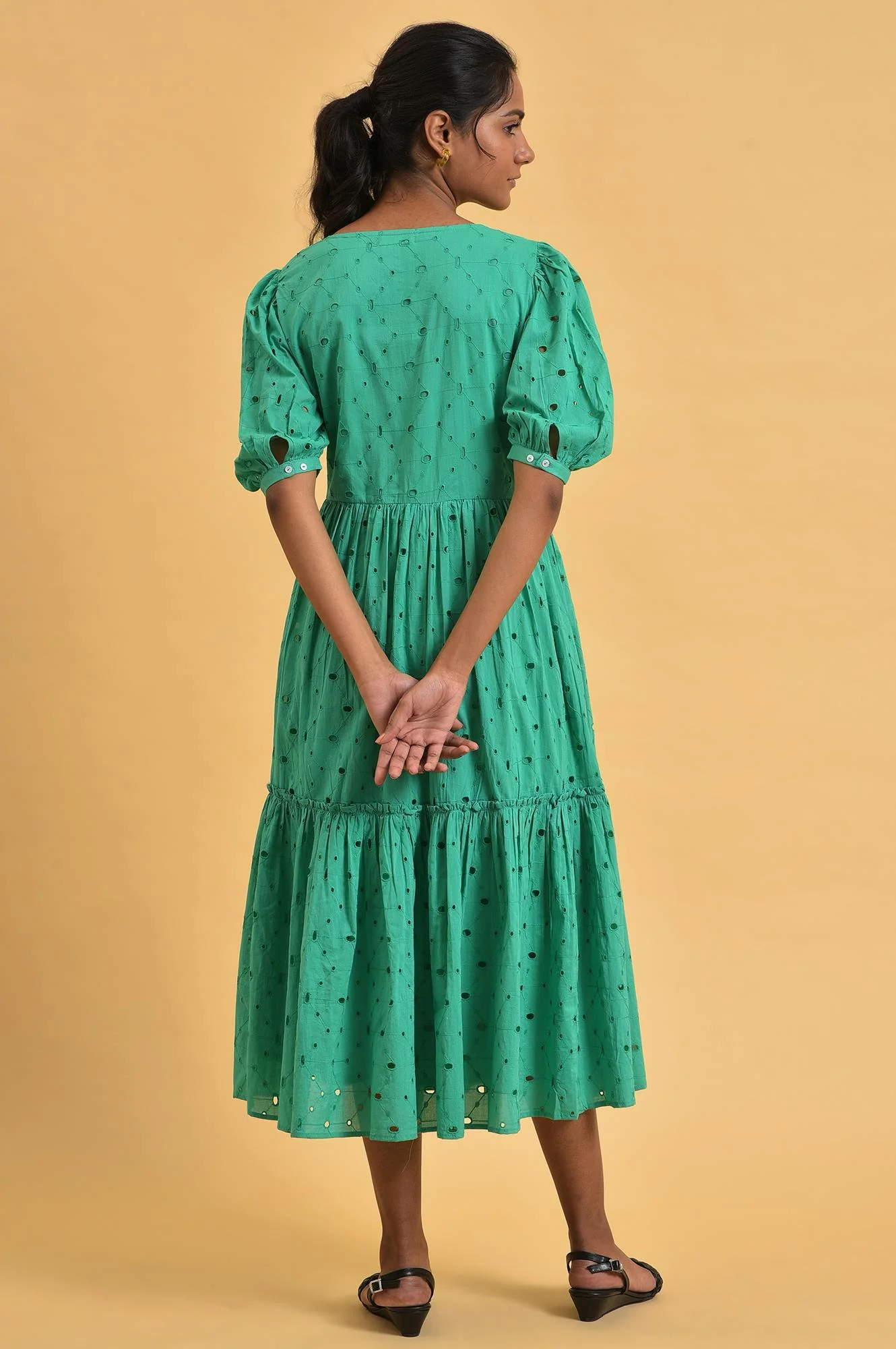 Green Schiffli Embroidered Cotton Flared Dress - Image 2