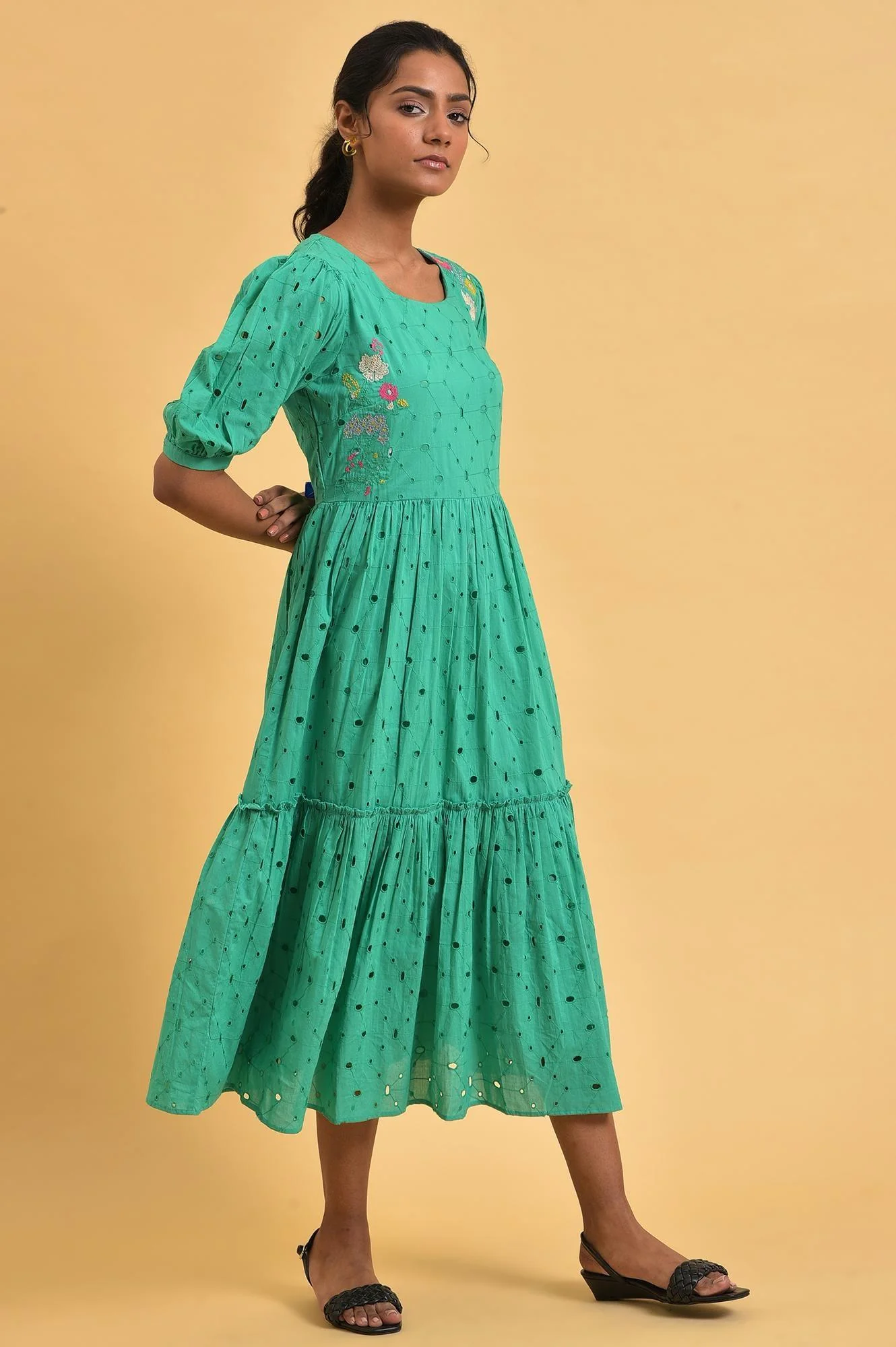 Green Schiffli Embroidered Cotton Flared Dress - Image 4