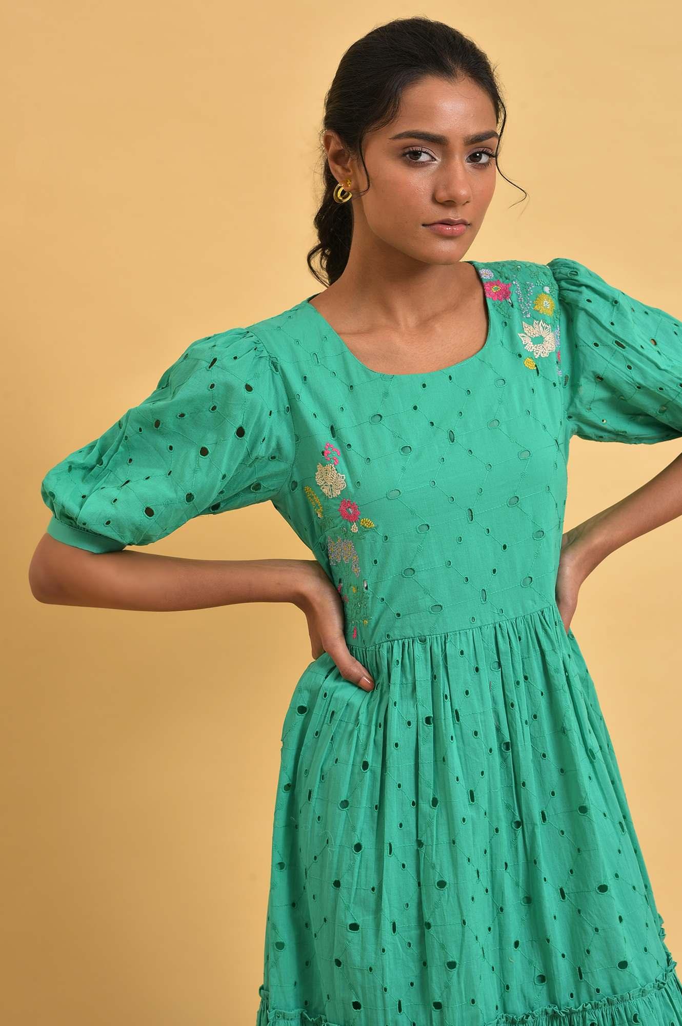 Green Schiffli Embroidered Cotton Flared Dress - Image 5