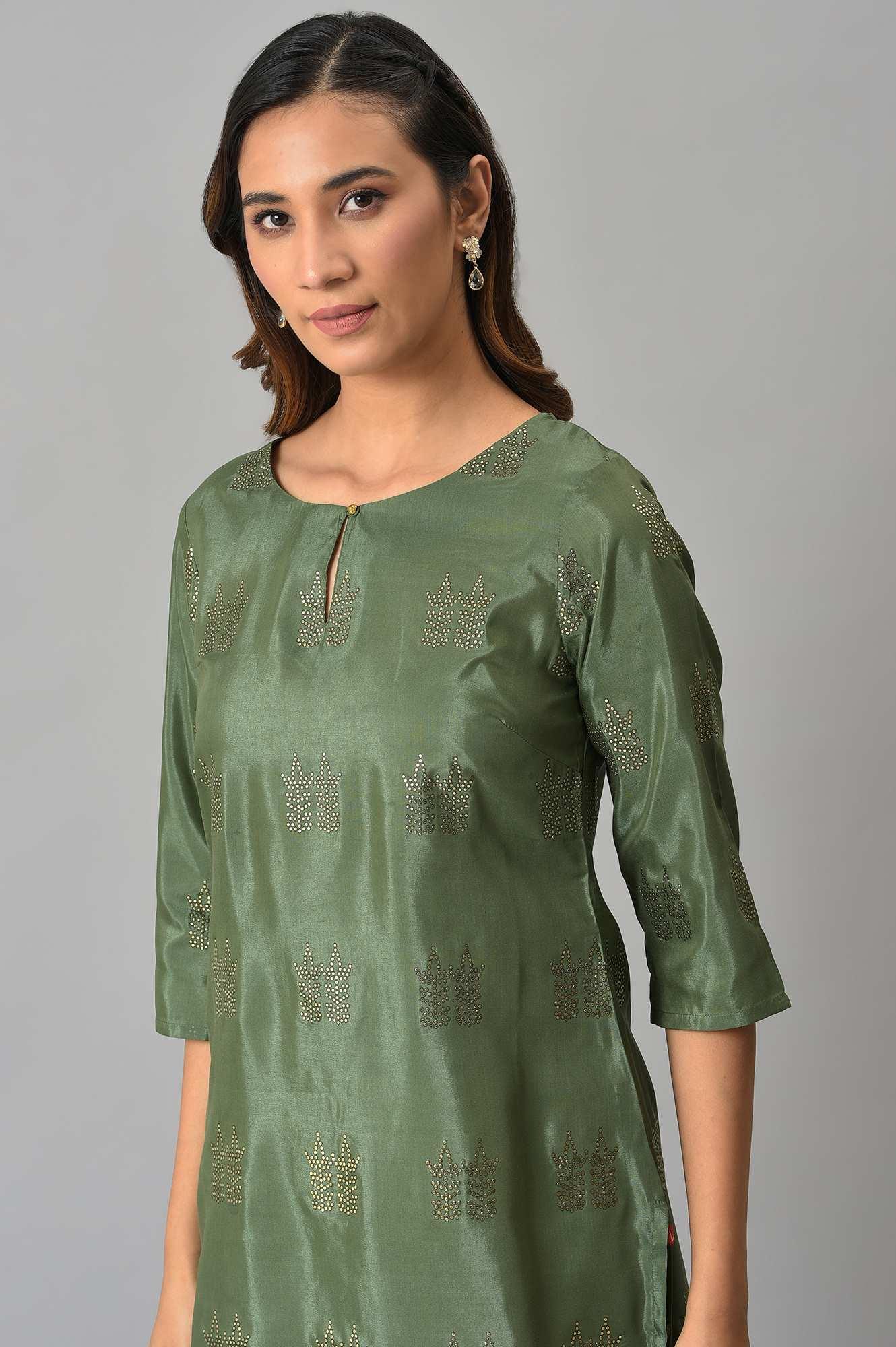 Green Shantung kurta With Mukaish Print - Image 6