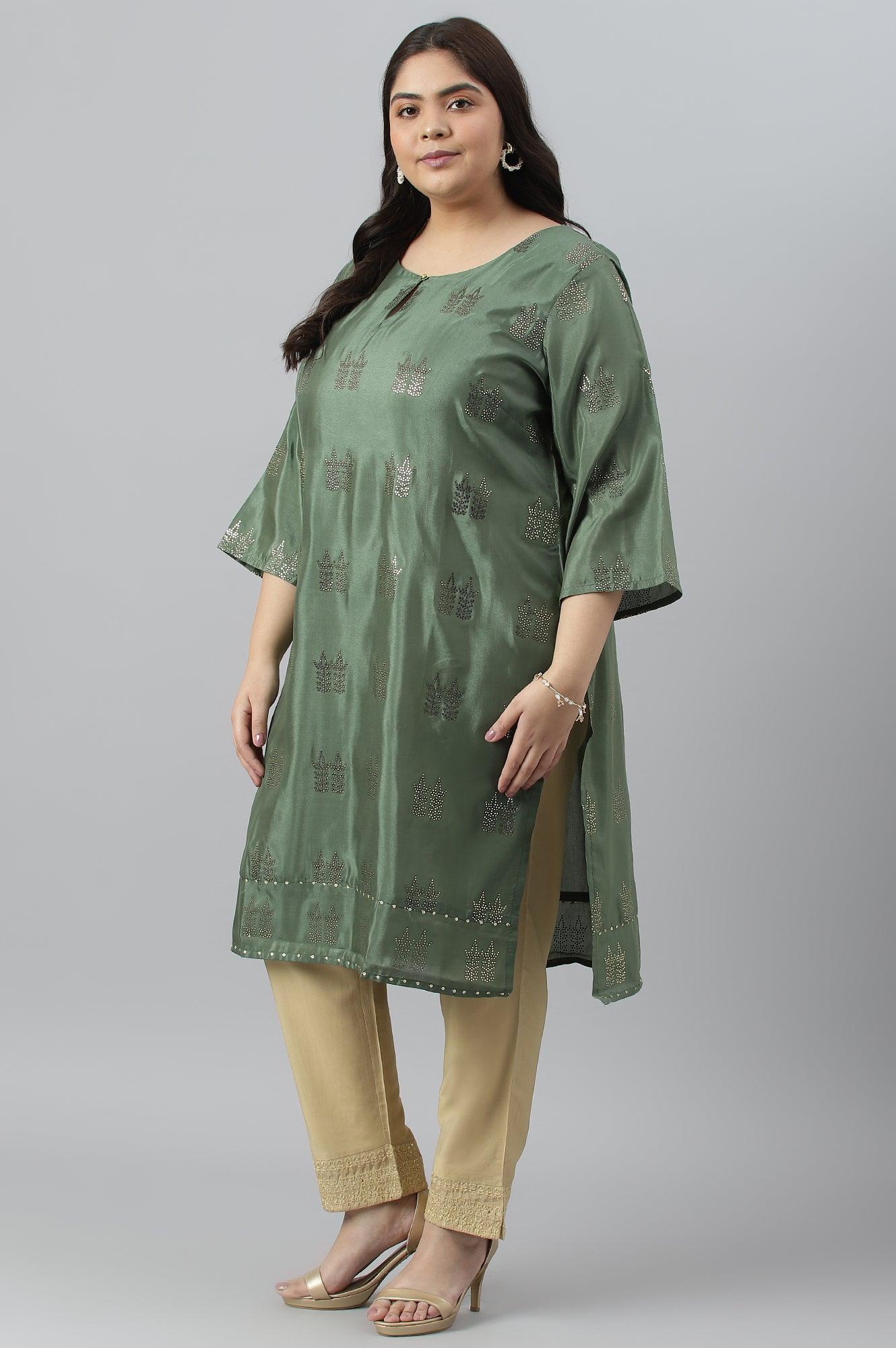 Green Shantung Plus Size kurta With Mukaish Print - Image 4