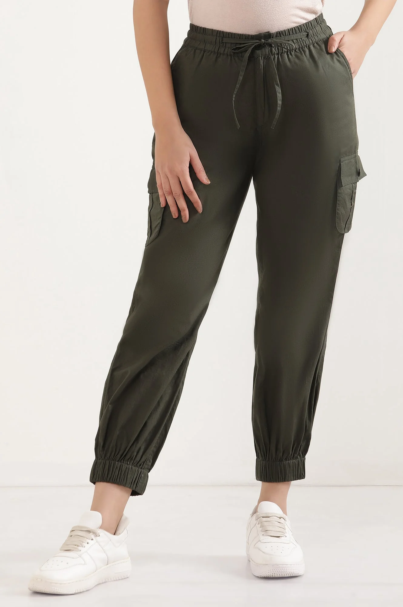 Olive Green Solid Tapered Cotton Pants with Elasticated Waist - Image 2
