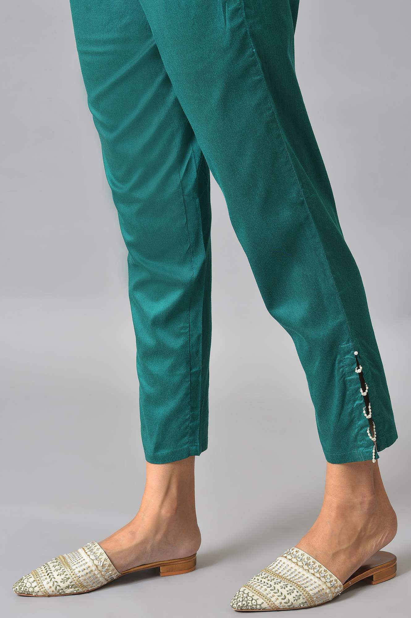 Green Solid Beaded Straight Slim Pant - Image 8