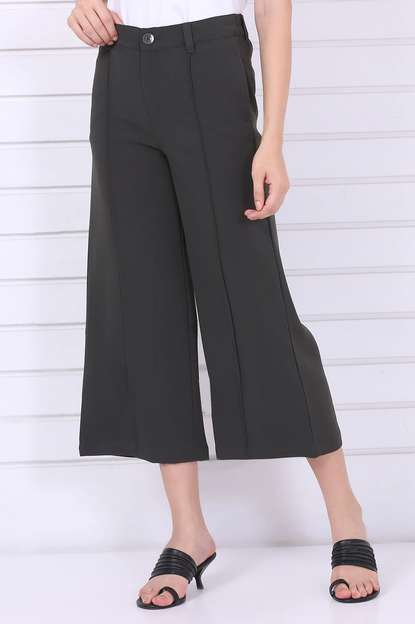 Green Solid Calf Length Culottes with YKK Zipper - Image 2