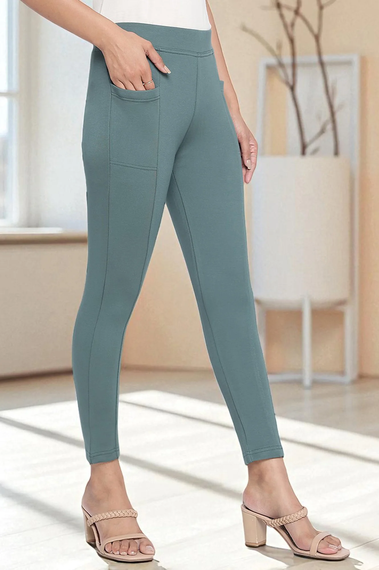 Green Solid Calf Length Tights - Image 3