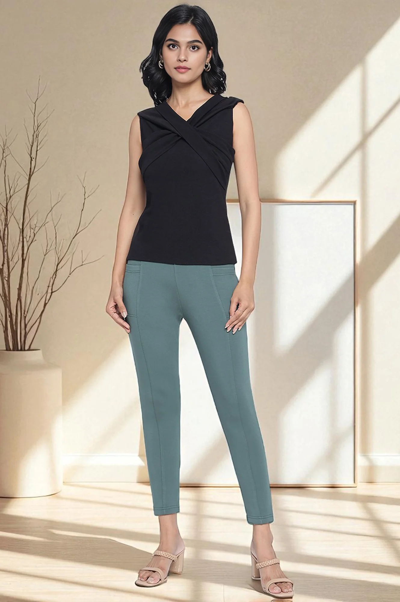 Green Solid Calf Length Tights - Image 6