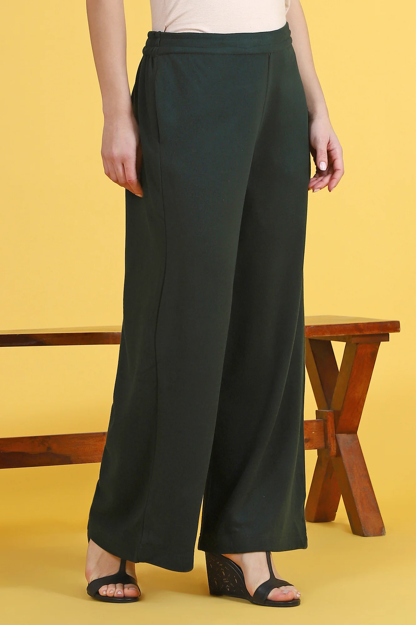 Green Solid Cashmere Ankle Length Wide Leg Parallel Pants - Image 6