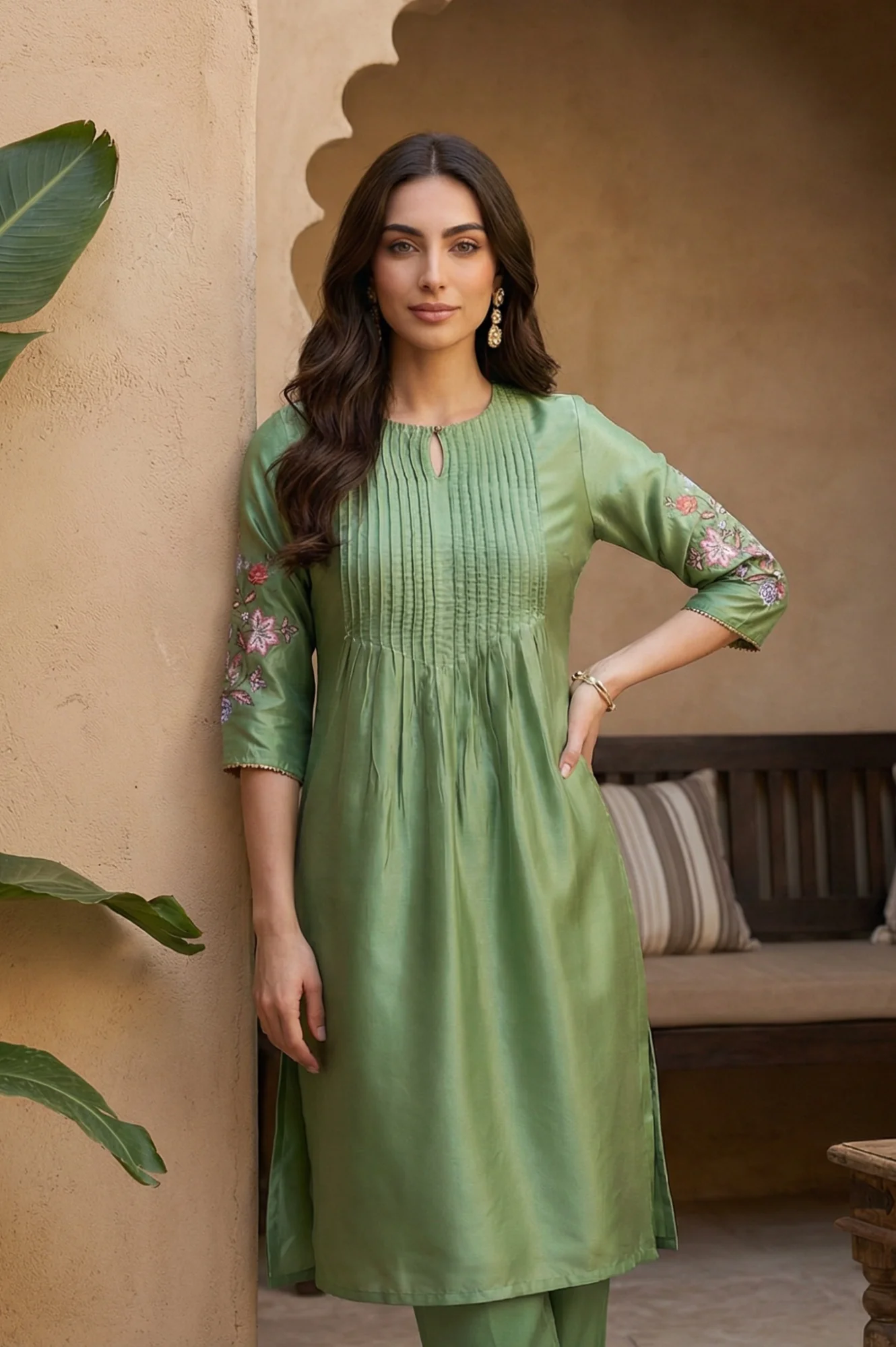 Green Embroidered Shantung Straight Kurta - Image 2