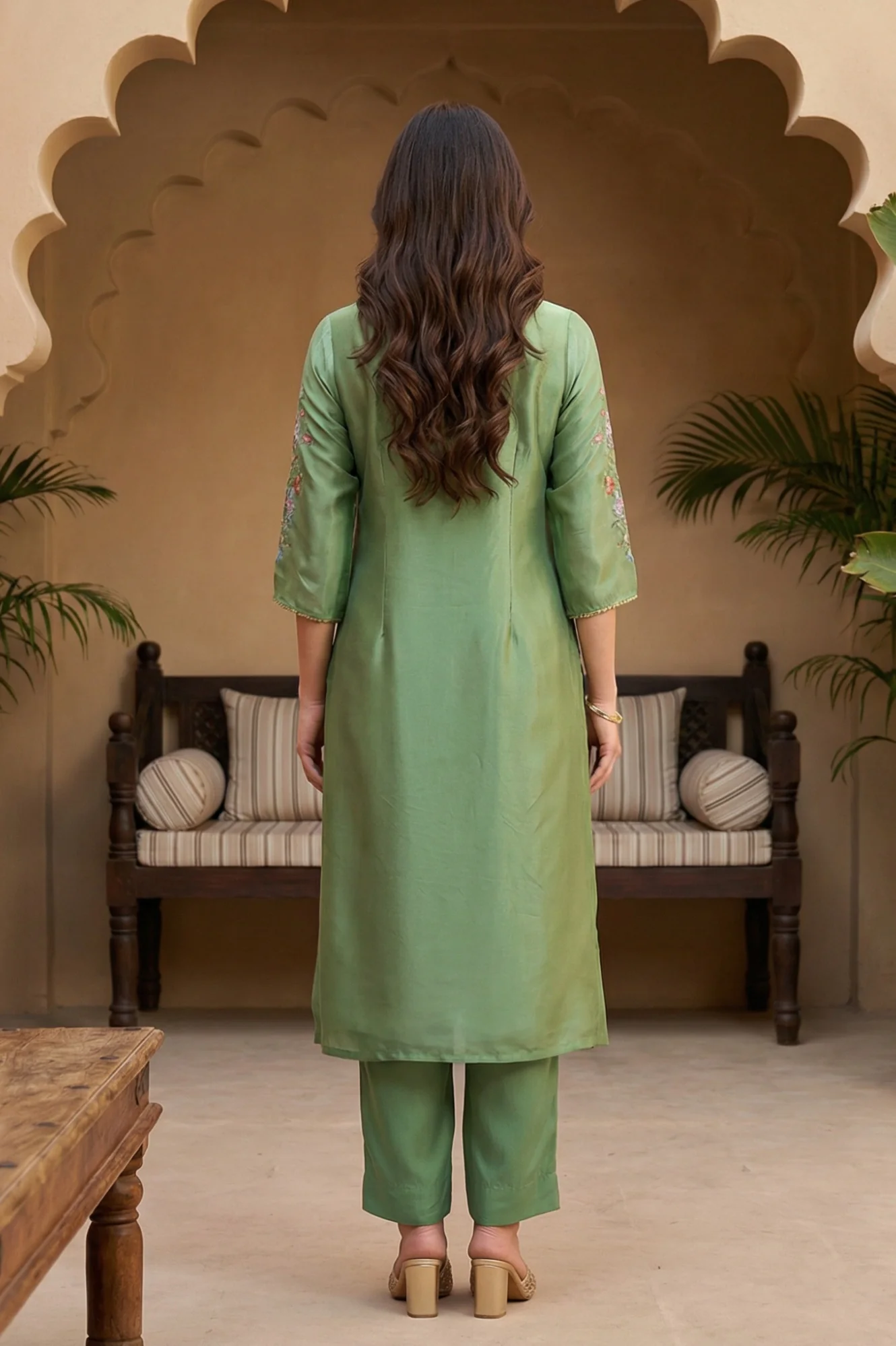 Green Embroidered Shantung Straight Kurta - Image 5