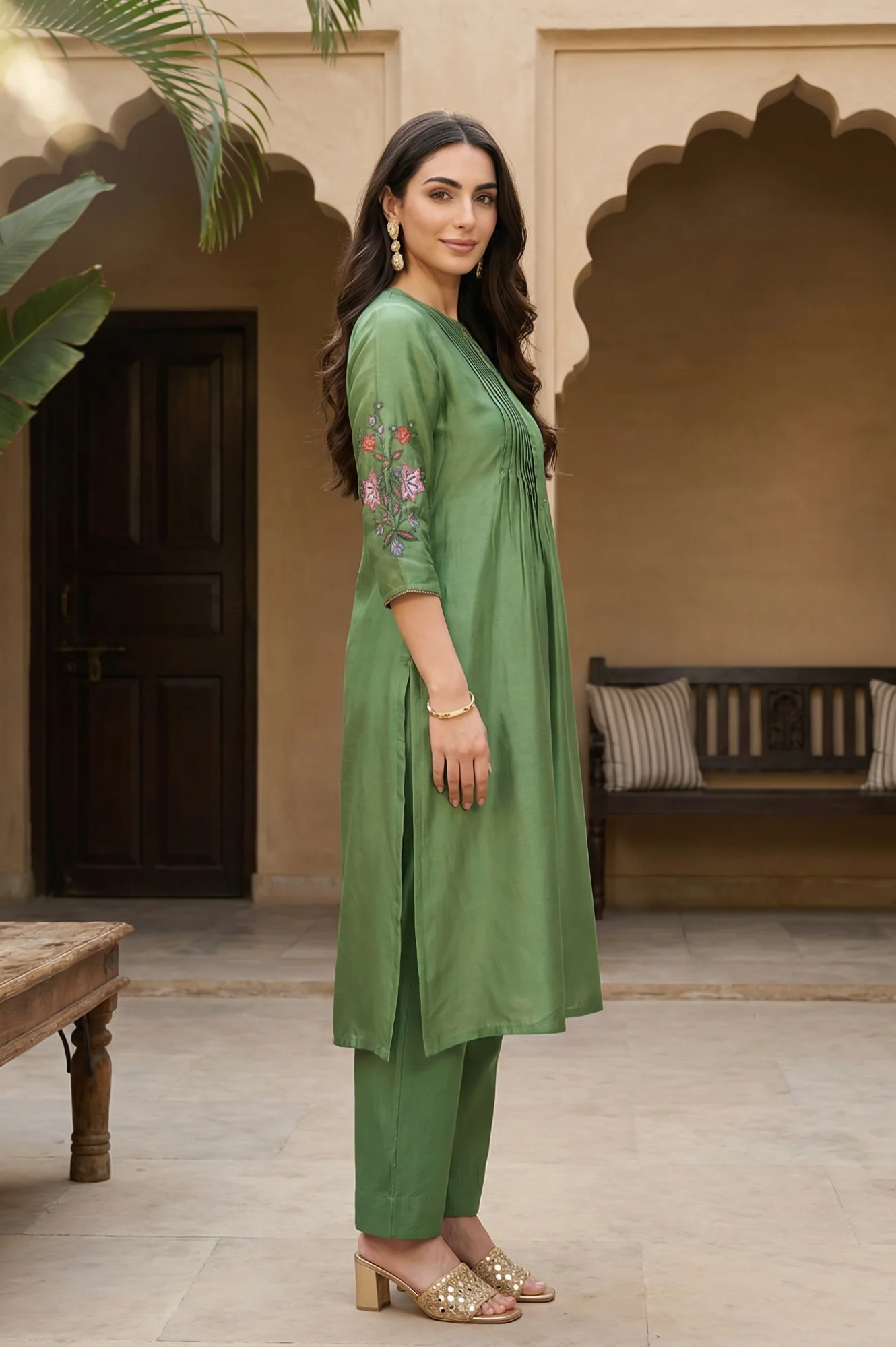 Green Embroidered Shantung Straight Kurta - Image 6