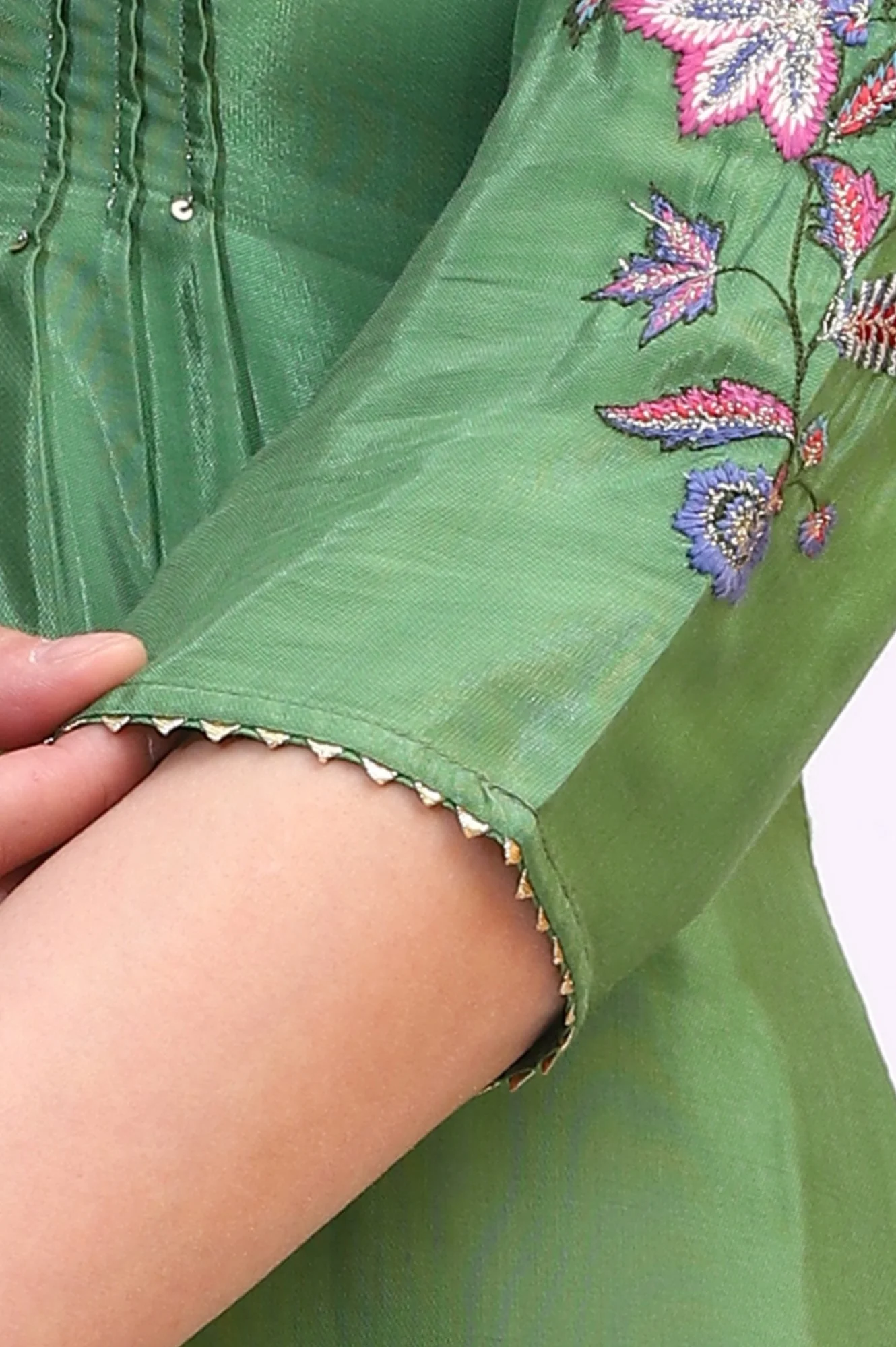 Green Embroidered Shantung Straight Kurta - Image 7