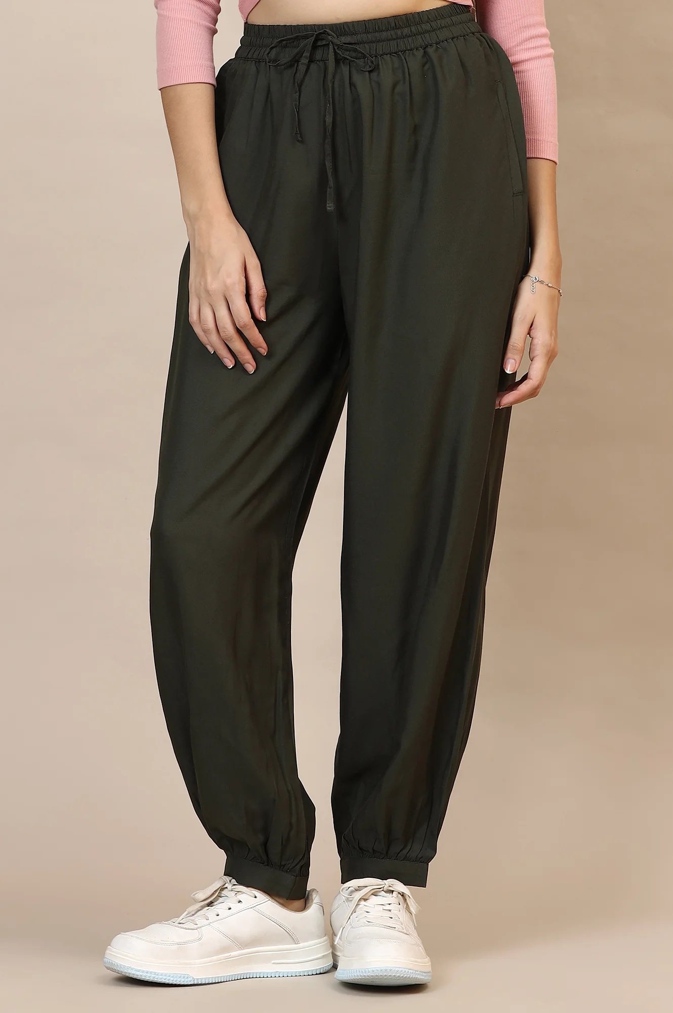 Dark Green Solid Loose Fit Rayon Pants With Drawstring - Image 2
