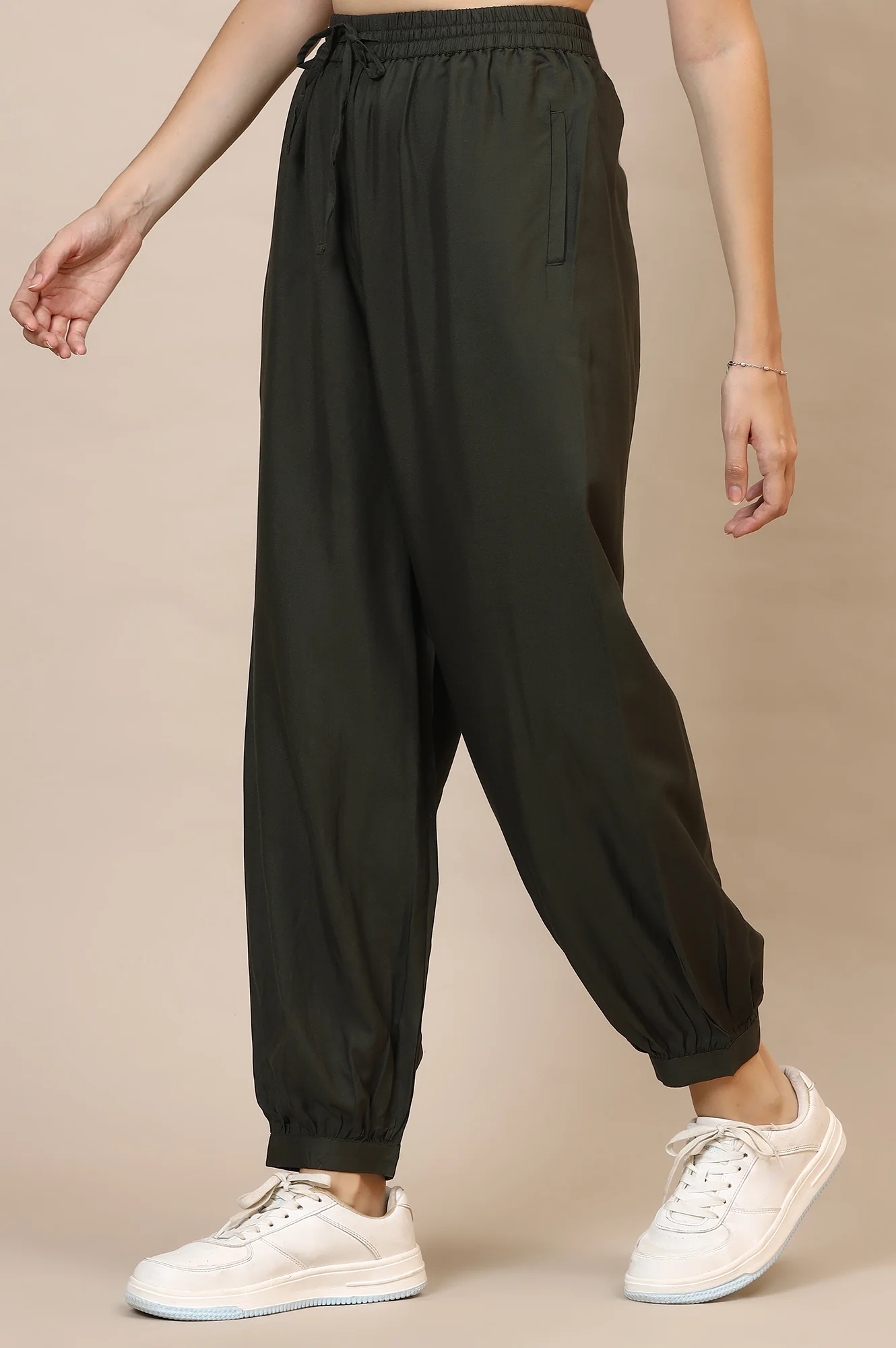 Dark Green Solid Loose Fit Rayon Pants With Drawstring - Image 3