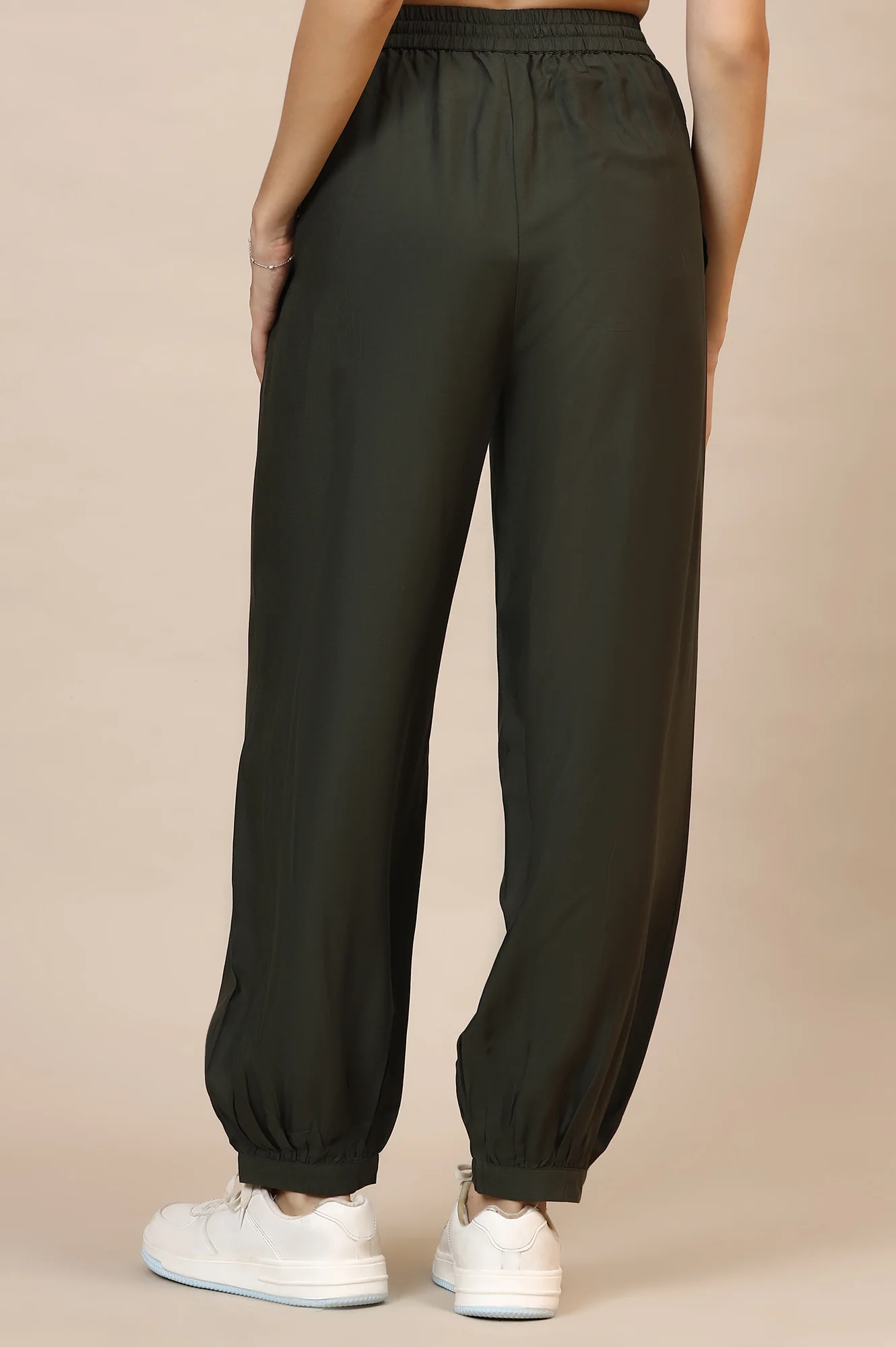 Dark Green Solid Loose Fit Rayon Pants With Drawstring - Image 4