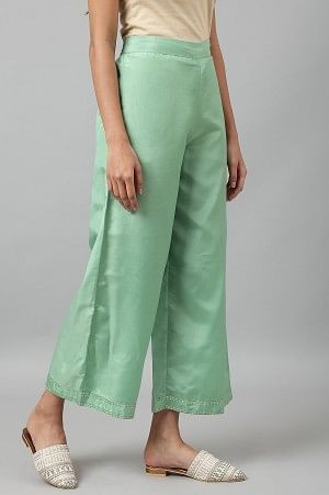 Green Solid Shantung Parallel Pants - Image 5