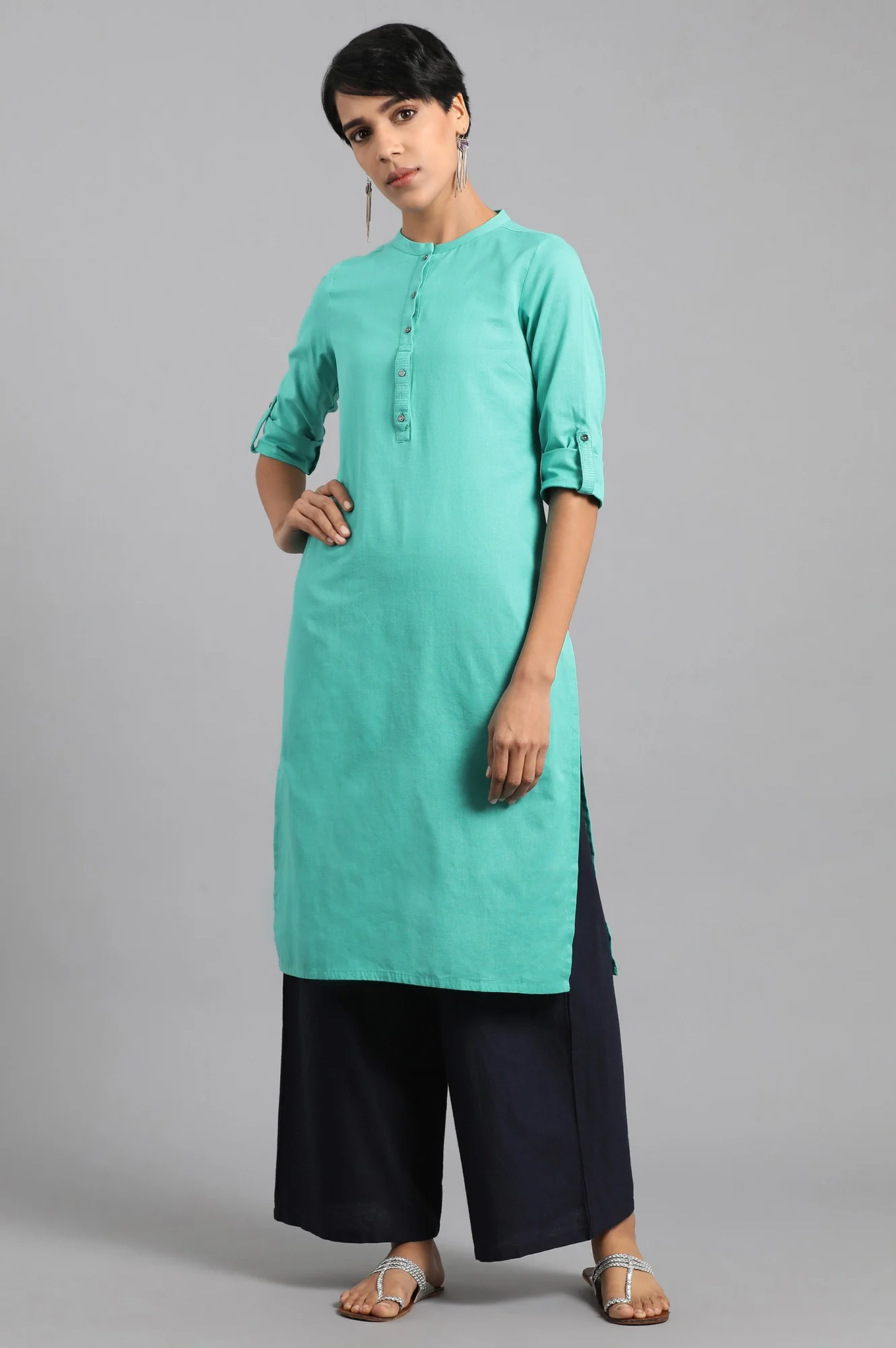 Green Solid Straight Cotton Kurta