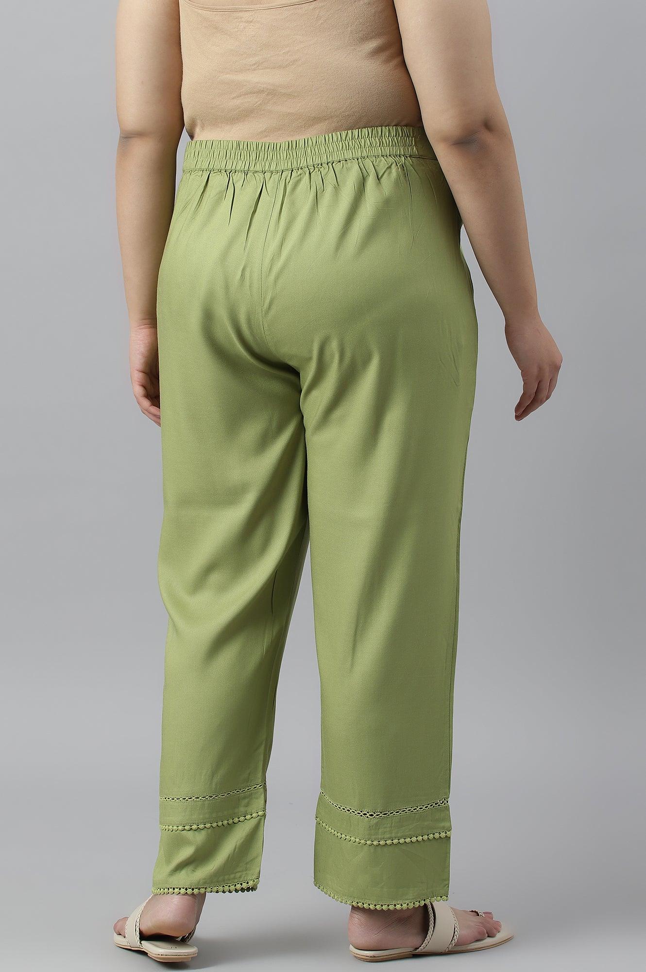 Green Straight Pants With Lace Details - Image 2