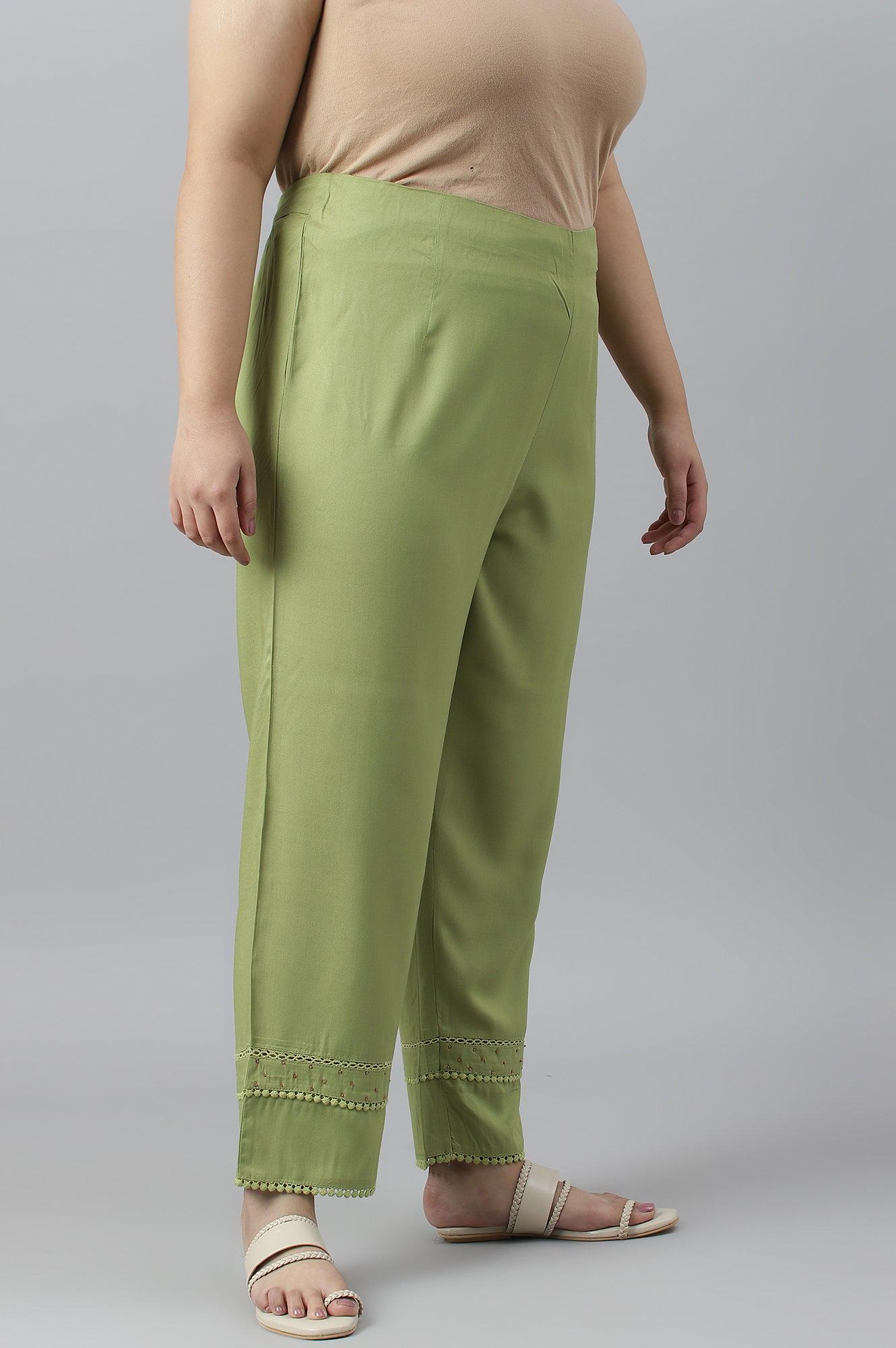 Green Straight Pants With Lace Details - Image 3