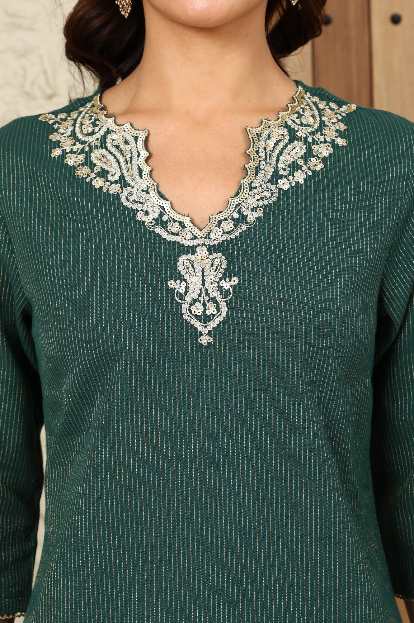 Green Striped Yarn-Dyed Embroidered Straight Cotton Kurta - Image 3
