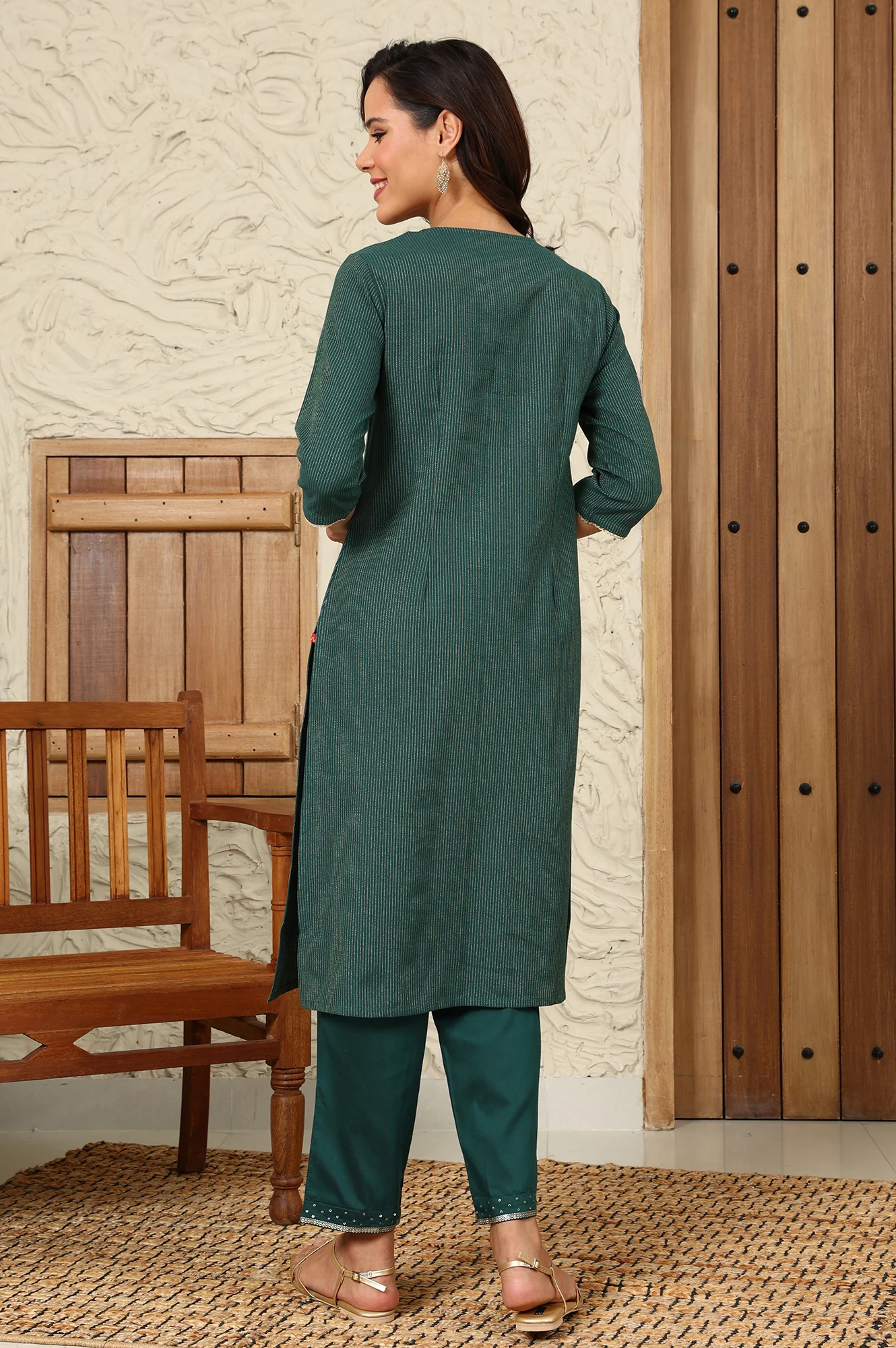 Green Striped Yarn-Dyed Embroidered Straight Cotton Kurta - Image 5