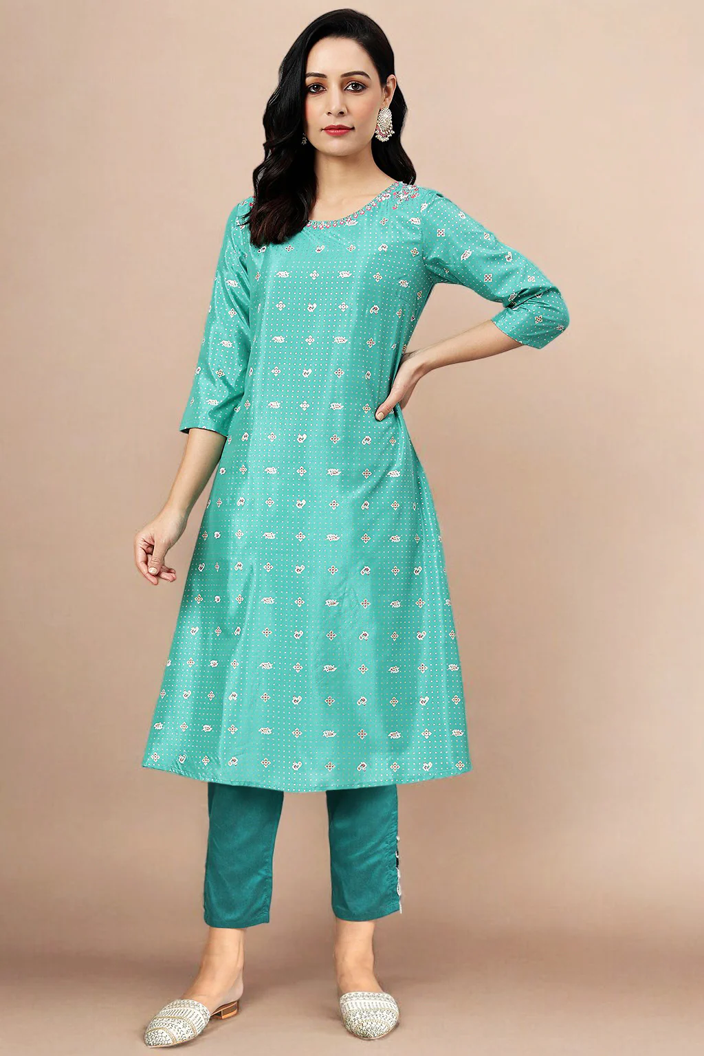 Green Thread Embroidery A-line Kurta and Slim Pant Set