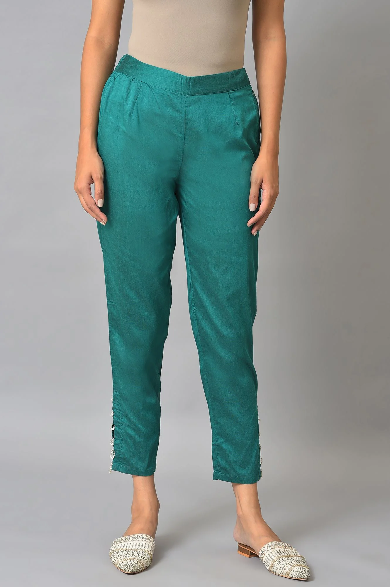 Green Thread Embroidery A-line Kurta and Slim Pant Set - Image 3