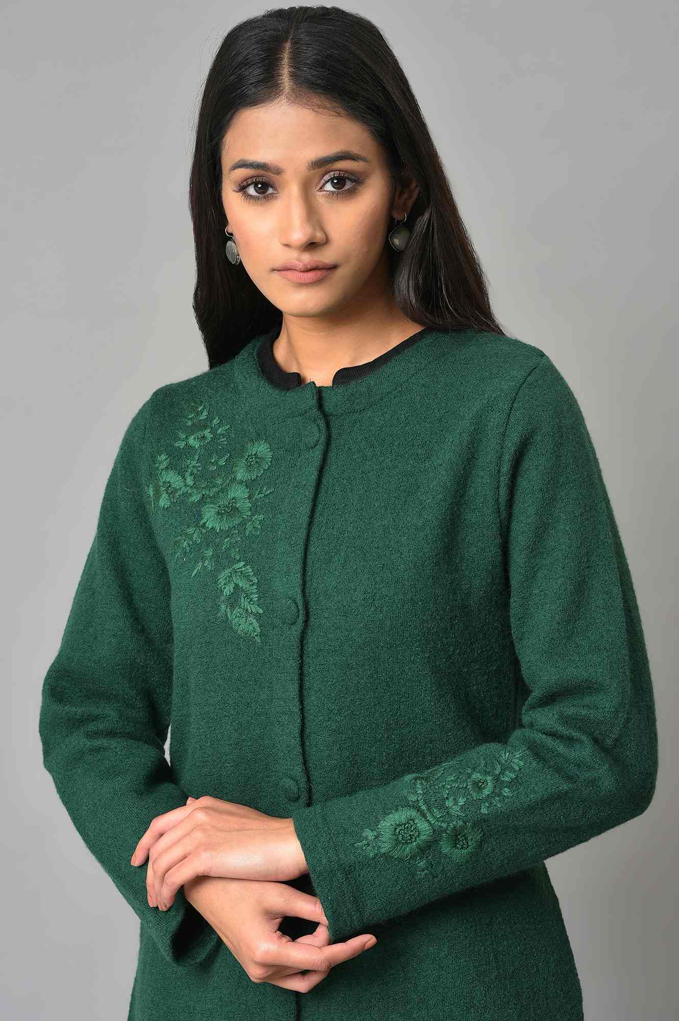 Green Woollen Short Winter Jacket - Image 6