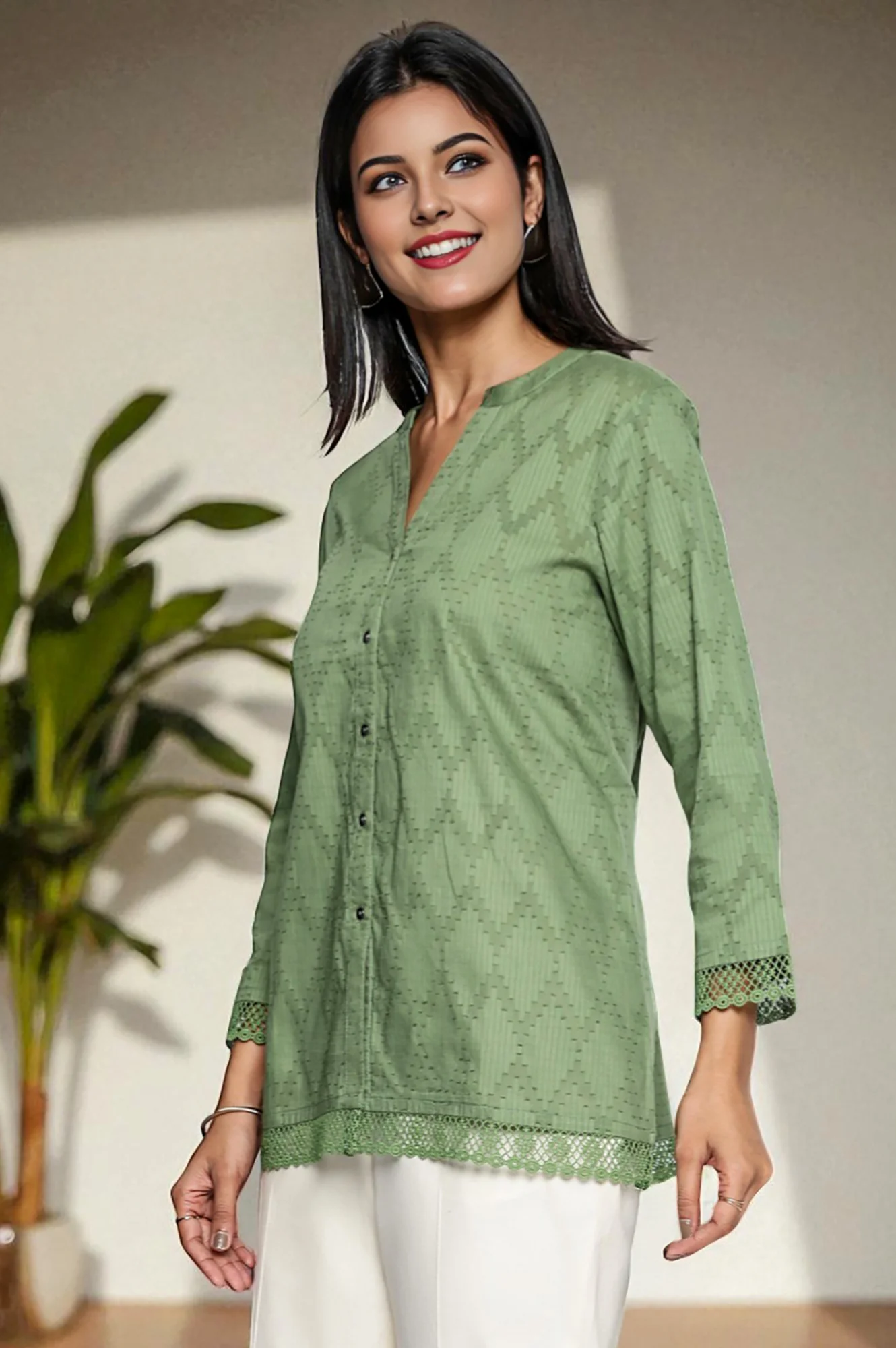 Green Yarn Dyed Printed Pure Cotton Straight Top - Image 4